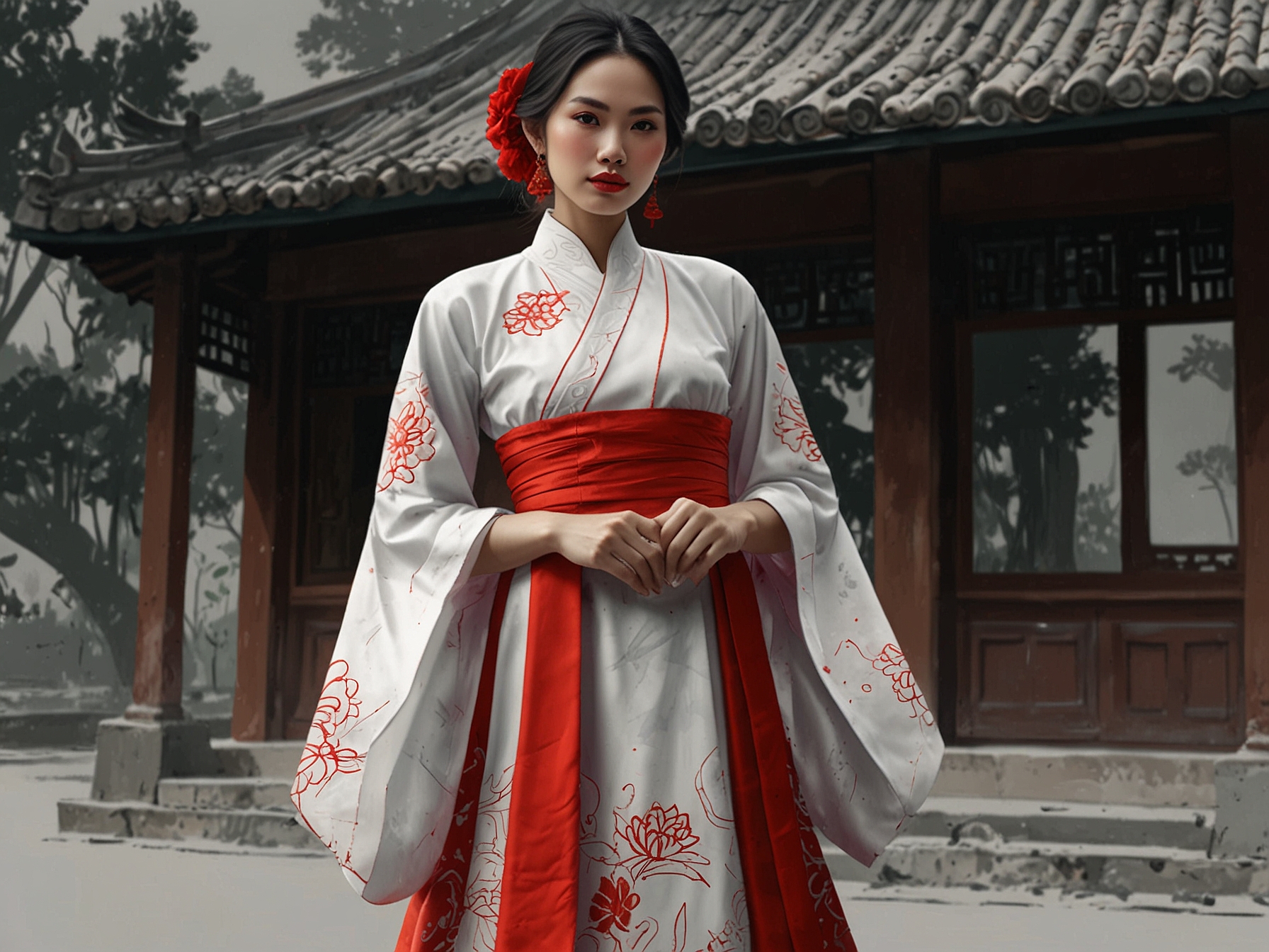 An artistic representation of traditional Vietnamese áo dài in modern adaptations, symbolizing the fusion of cultural heritage with innovative fashion practices.