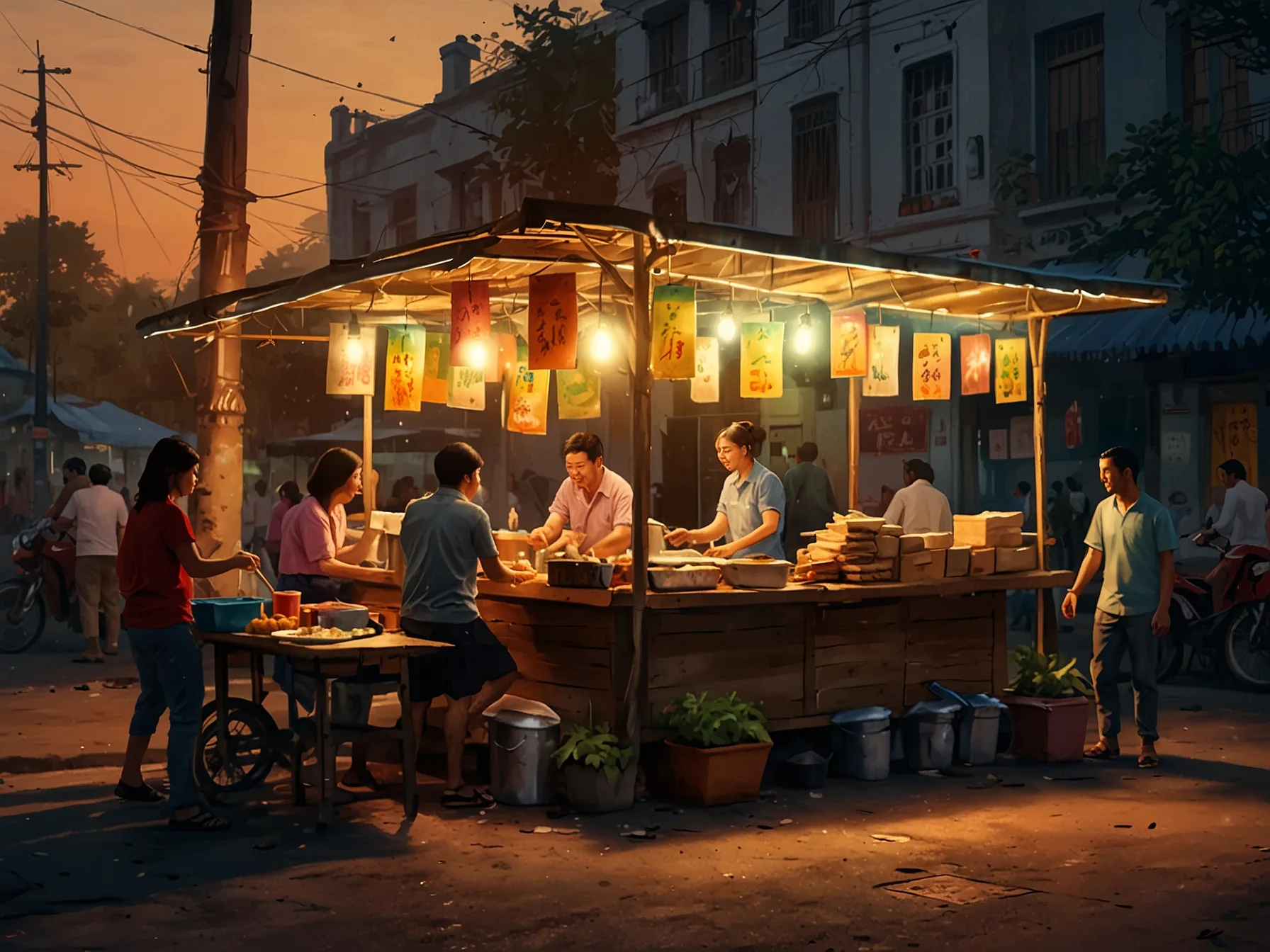 A bustling street food stall during sunset, with warm light illuminating fresh ingredients and locals enjoying traditional dishes, capturing the lively atmosphere of Vietnamese dining.