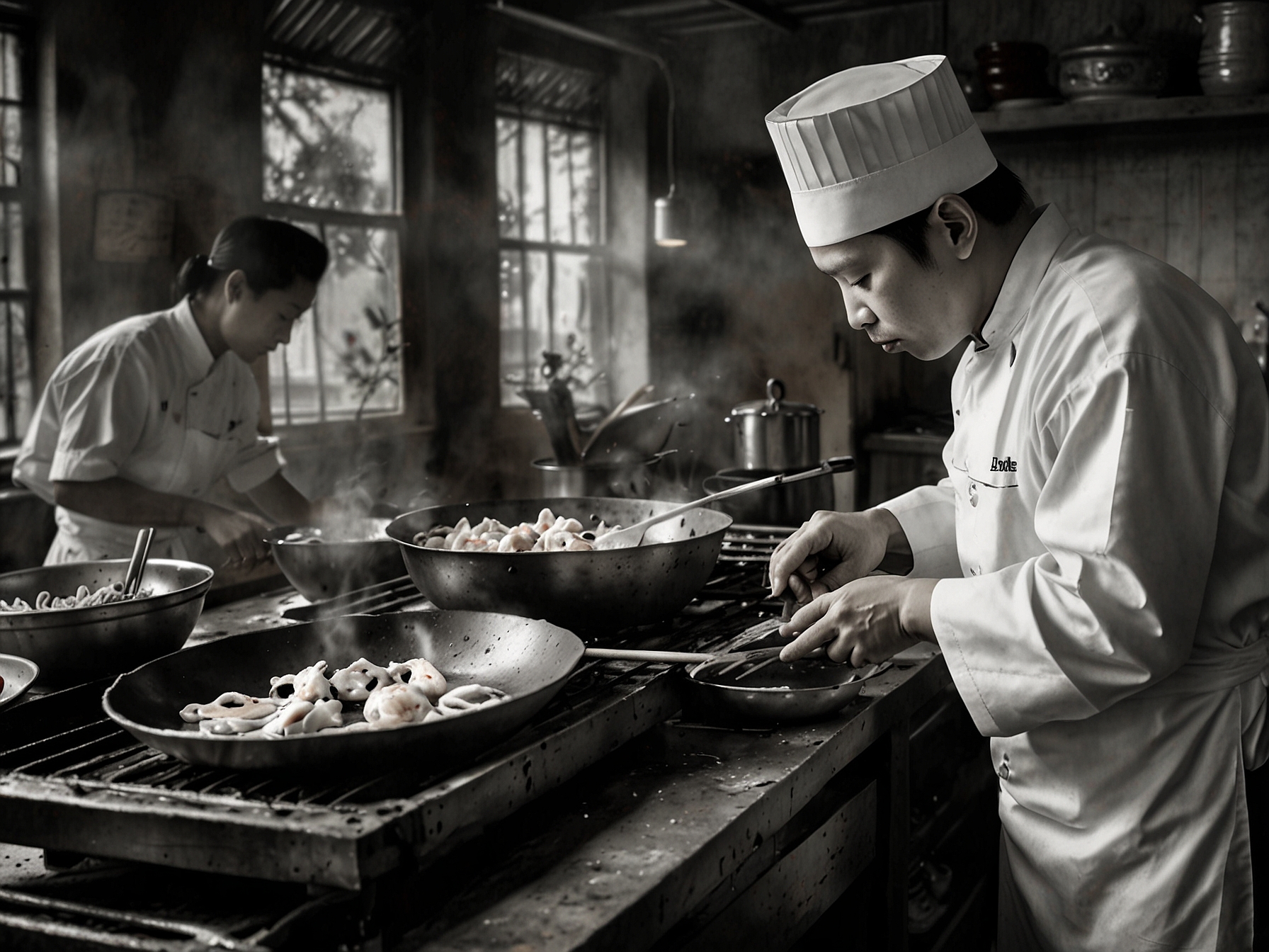 Close-up of a chef skillfully preparing banh xeo, the sizzling pancake with crispy edges being filled with fresh vegetables and shrimp, highlighting culinary craftsmanship.