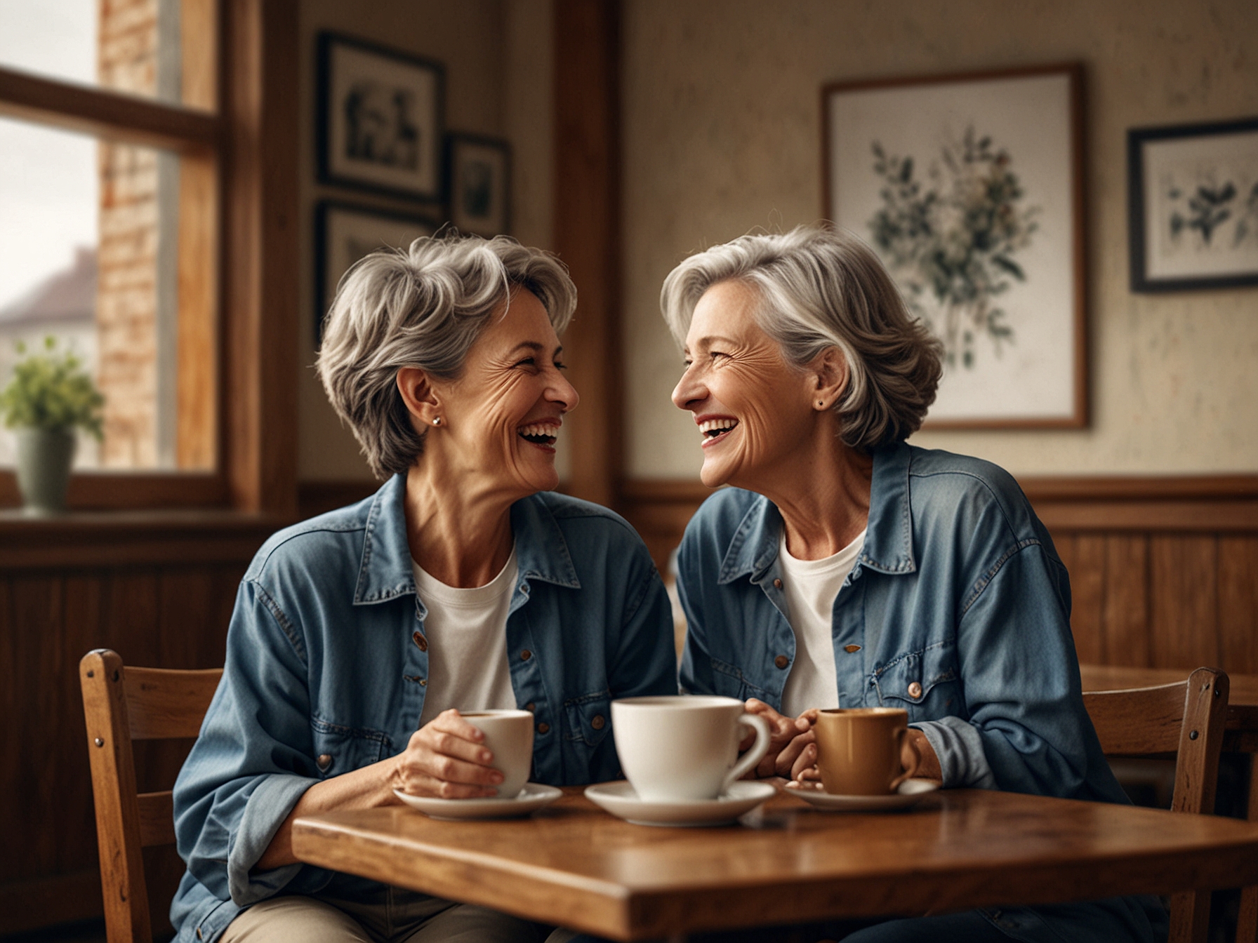 A middle-aged woman sharing a laugh with a friend at a cozy café, illustrating that love and connection are not limited by age, but rather enriched by experiences.