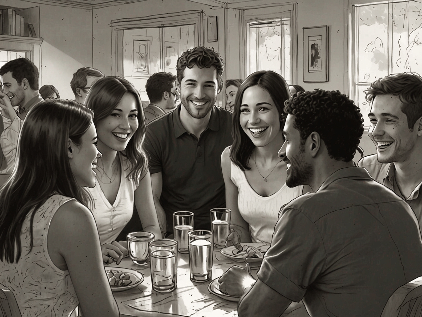 A humorous moment captured at a gathering where friends share their awkward flirty stories, emphasizing the fun and lighthearted side of the dating experience.