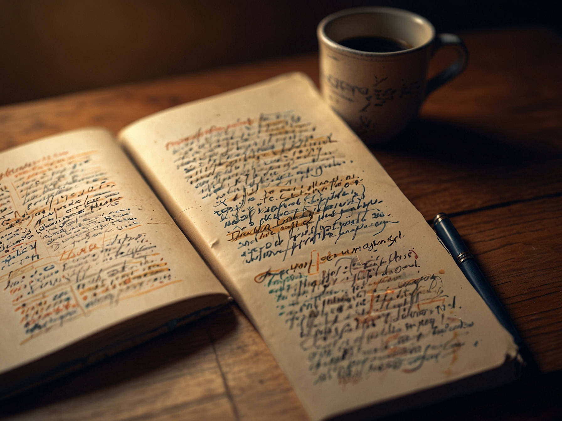 A close-up of a journal lying open with a pen next to it, filled with handwritten notes and thoughts, symbolizing the therapeutic process of writing to cope with sadness and emotional struggles.