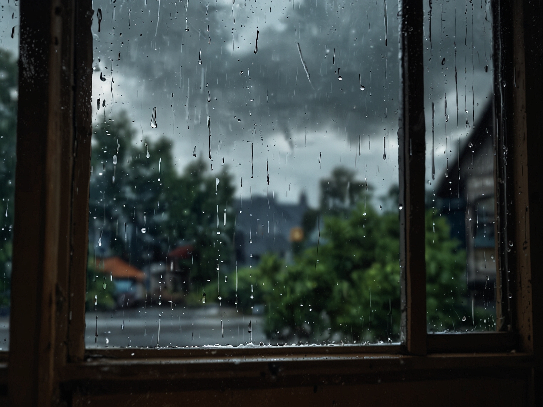 A rainy window with blurred raindrops, metaphorically representing how sadness can cleanse and refresh our emotions, much like rain rejuvenates nature despite not being welcomed initially.