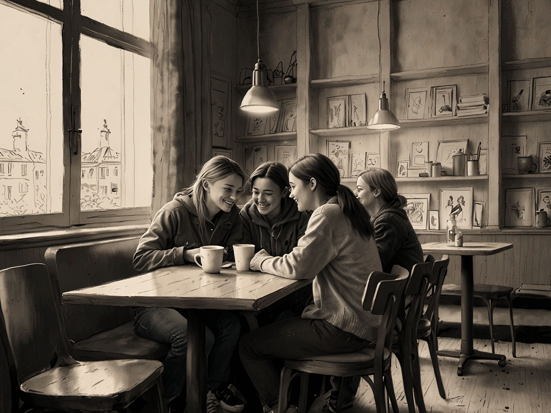 A group of friends sitting in a cozy café, sharing a warm embrace, highlighting the importance of human connection and support during tough times, which can help alleviate feelings of loneliness.