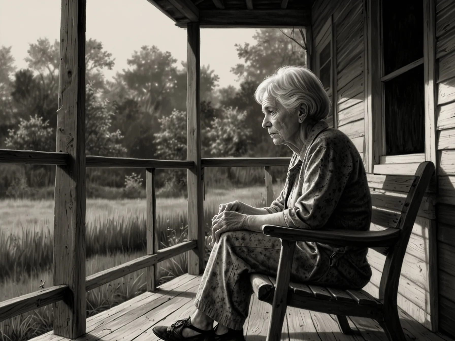An elderly woman sitting alone on a porch, looking thoughtfully into the distance, embodying wisdom and the realization that sadness is a natural part of life, yet it's essential to not let it define us.