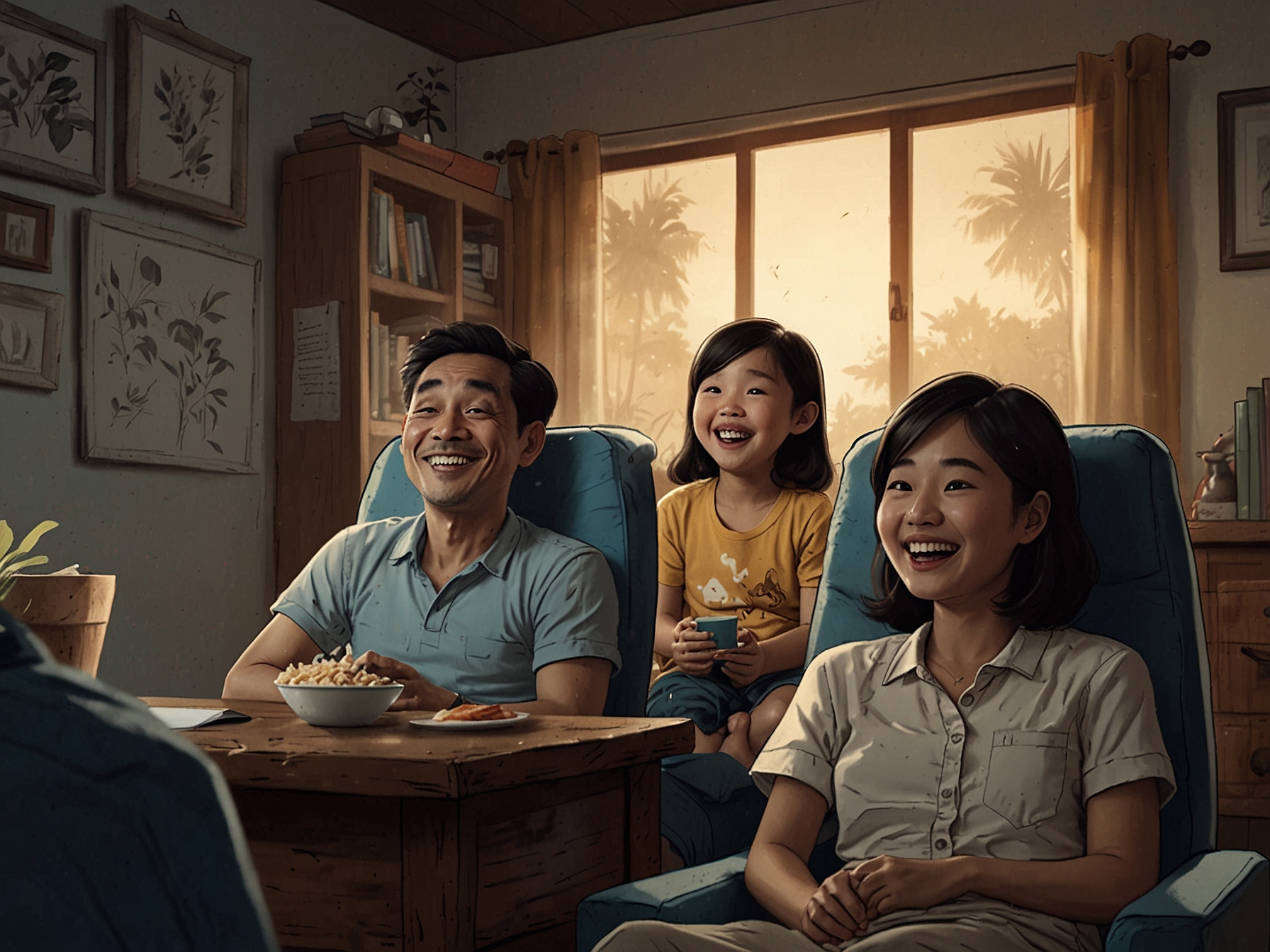 A cheerful family watching an animated film together, illustrating the growing popularity and appeal of animated stories for all ages in Vietnam.