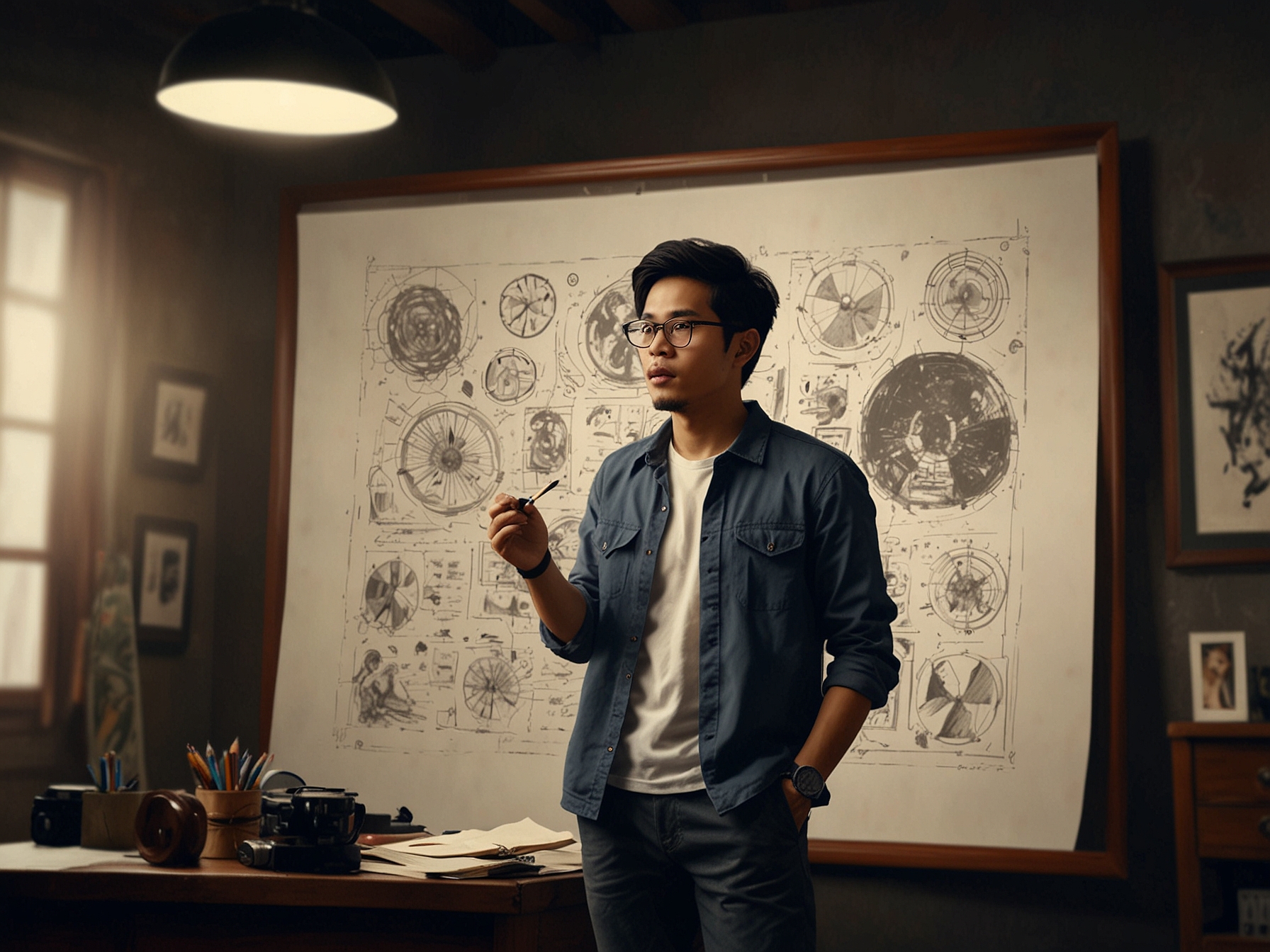 A young Vietnamese filmmaker brainstorming ideas, representing the blend of traditional values and modern creativity in the evolving film industry.