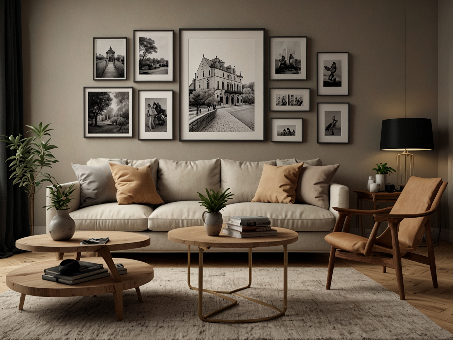 A beautifully arranged gallery wall showcasing family photos and favorite artworks, these personal touches add character and warmth to the living space, making it truly unique.