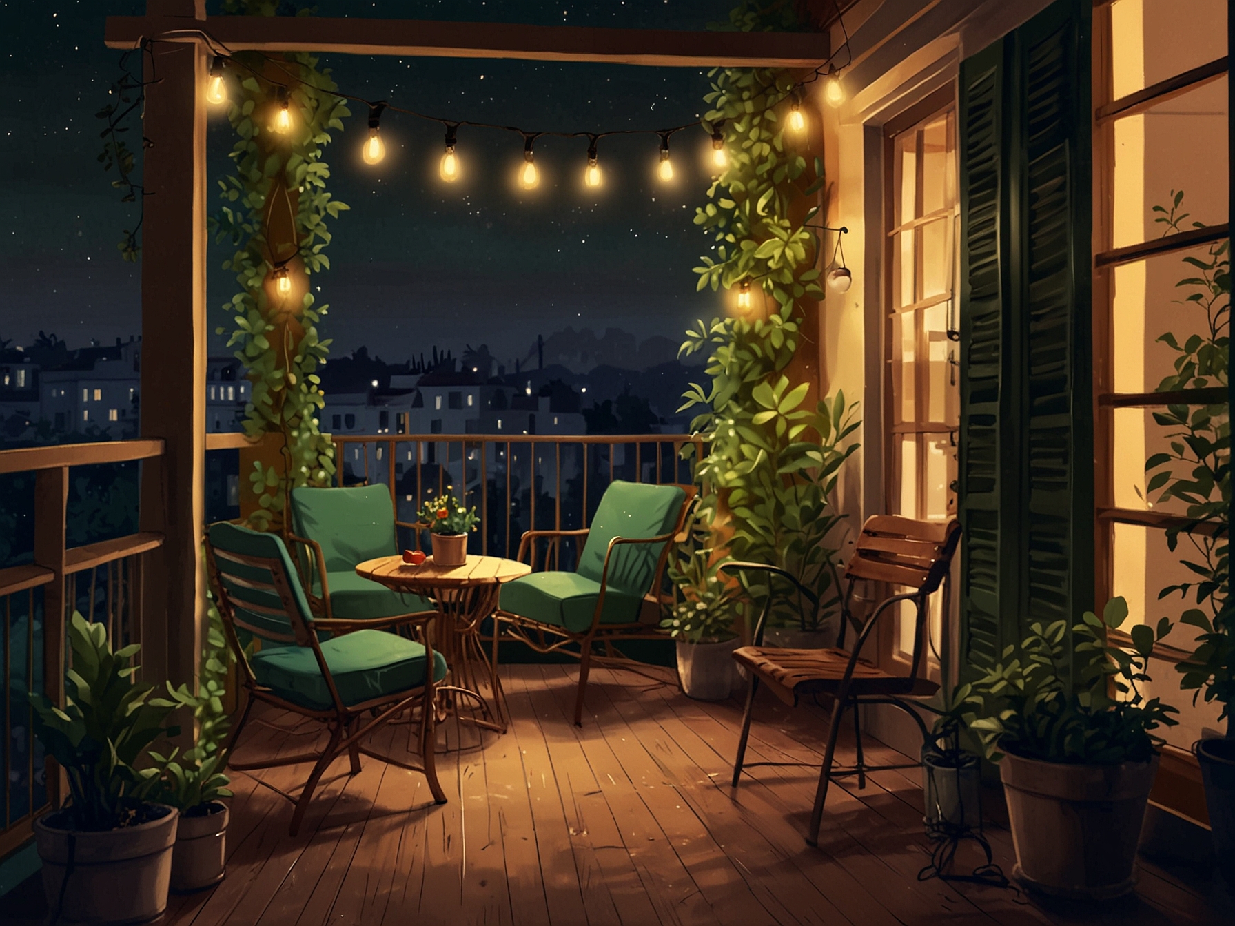 A charming balcony transformed into a green paradise with potted plants, a small table, and chairs, featuring ambient string lights for a cozy evening atmosphere.