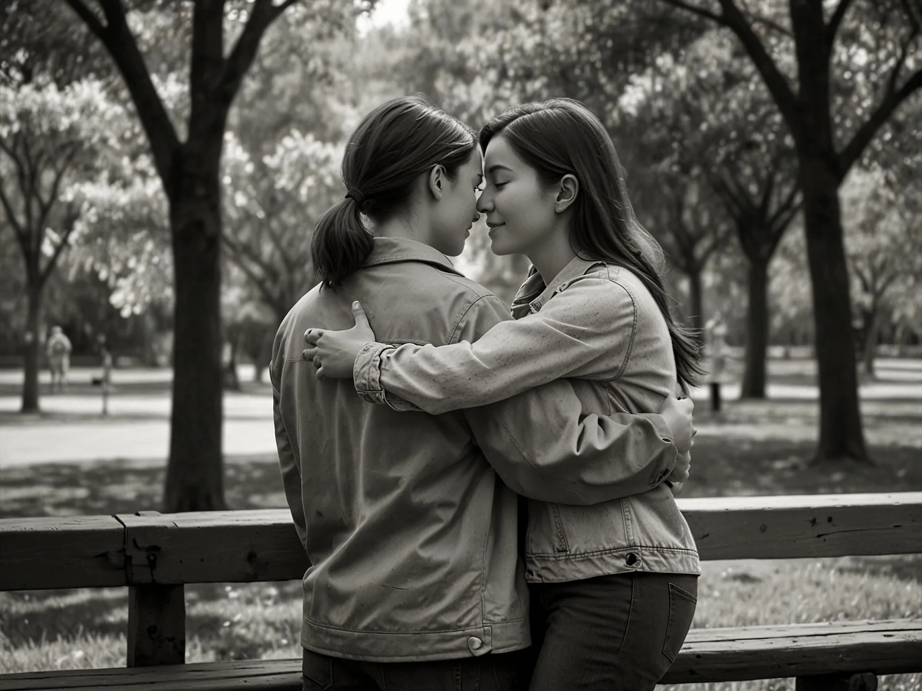 A gentle embrace between two friends in a park, capturing the healing power of friendship and understanding in dealing with life's emotional challenges.
