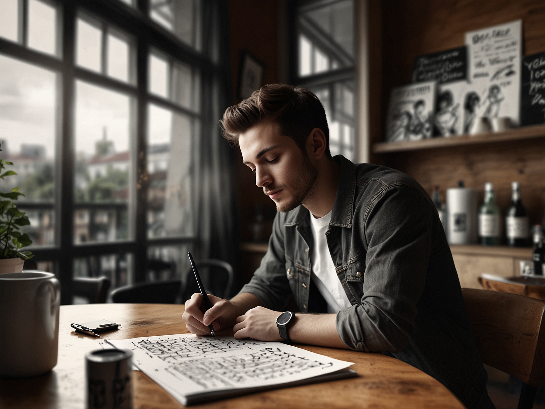 A close-up of an artist writing lyrics in a café, representing the creative process of music composition inspired by everyday life and personal experiences.