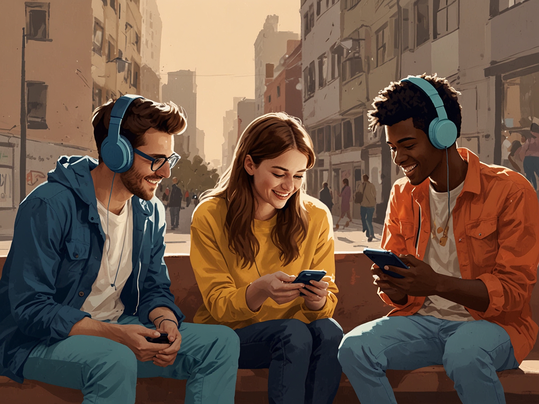 An engaging scene of young people sharing music playlists on their smartphones, illustrating how modern technology influences music discovery and listening habits.