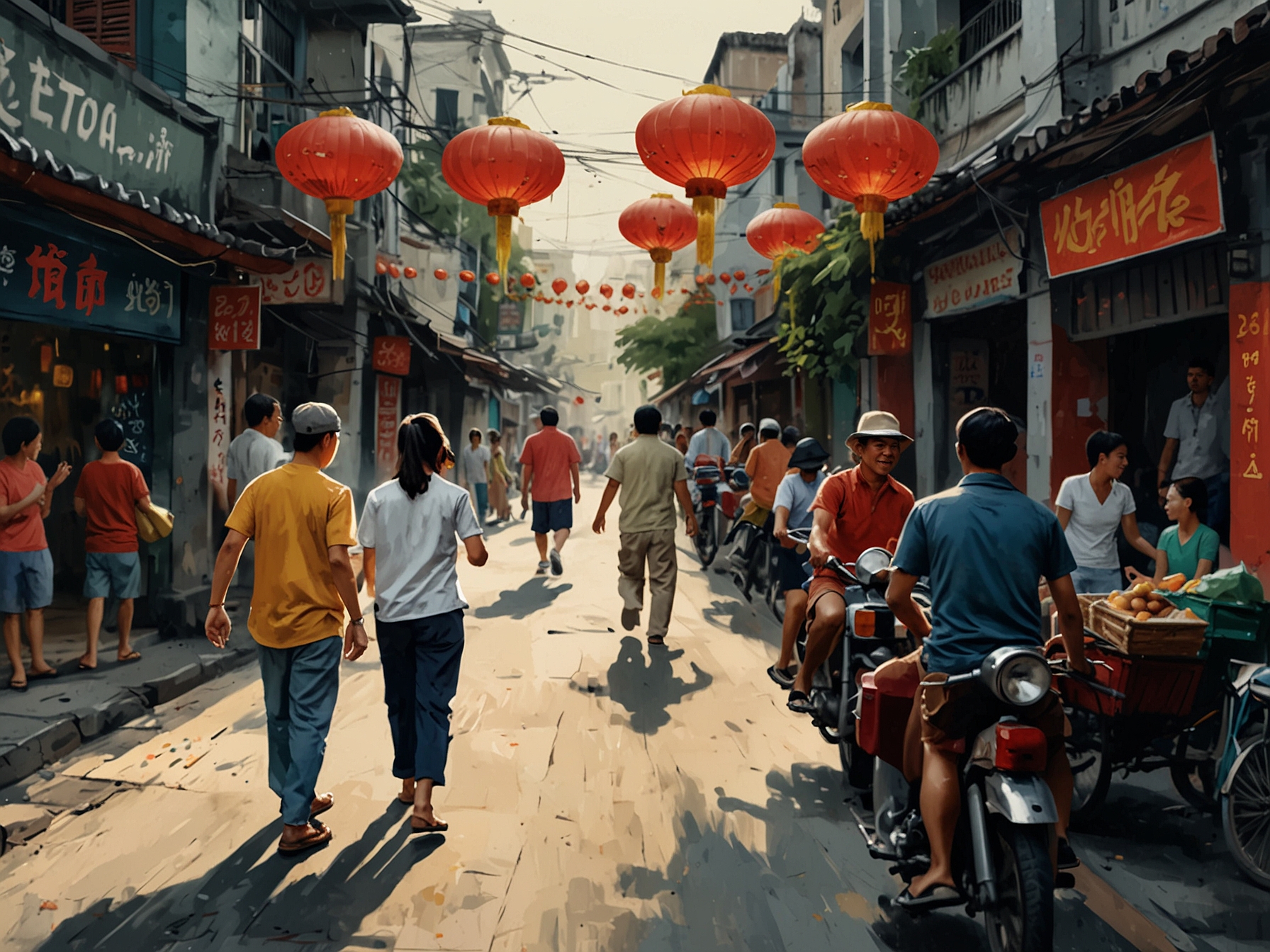 A busy street with performers entertaining passersby, capturing the essence of street culture and the spontaneous joy music brings to everyday life in Vietnam.