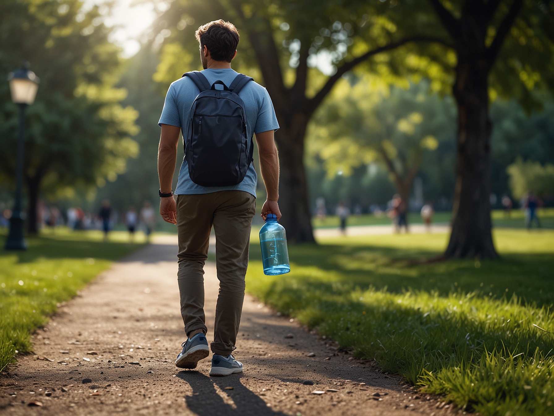 A person carrying a reusable water bottle while walking in a park, highlighting the importance of staying hydrated for overall well-being and a healthy lifestyle.