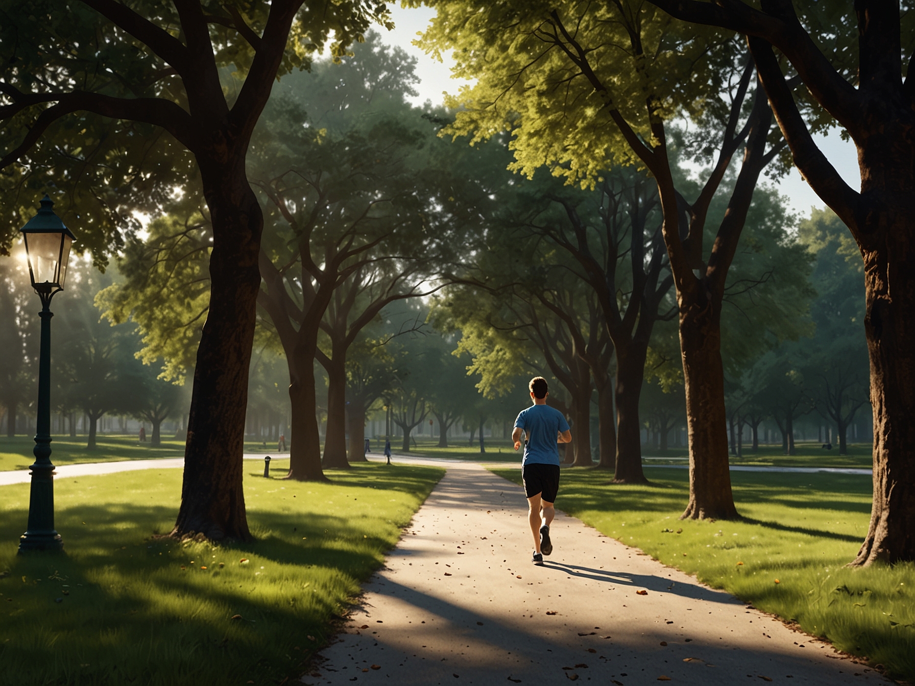 An early morning scene of someone jogging or running in a peaceful park setting, symbolizing regular exercise and its benefits for physical and mental health.