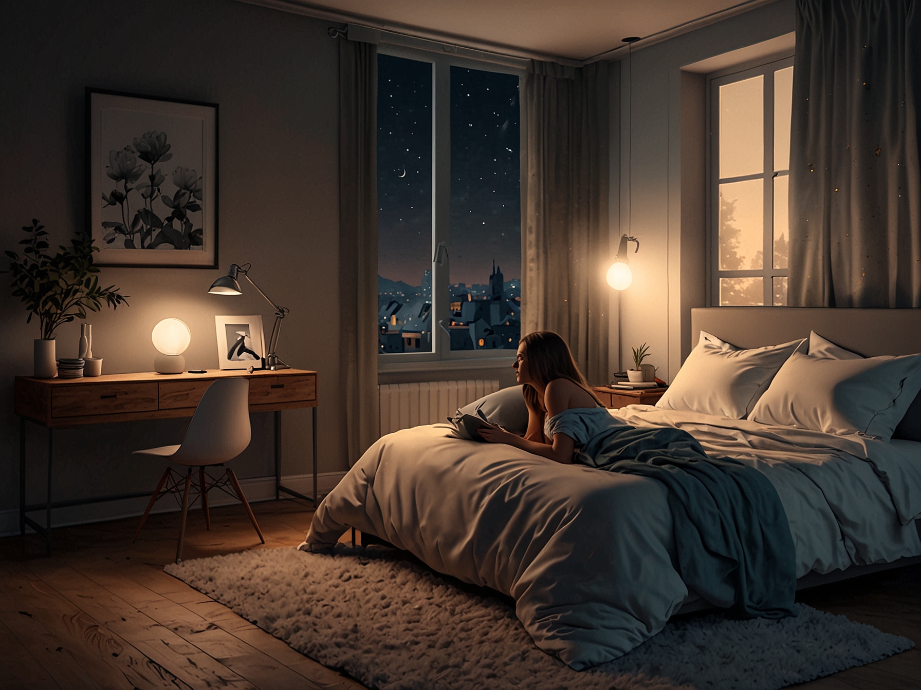 A cozy bedroom with soft lighting where a person is peacefully sleeping, emphasizing the significance of quality sleep for metabolic health and weight maintenance.