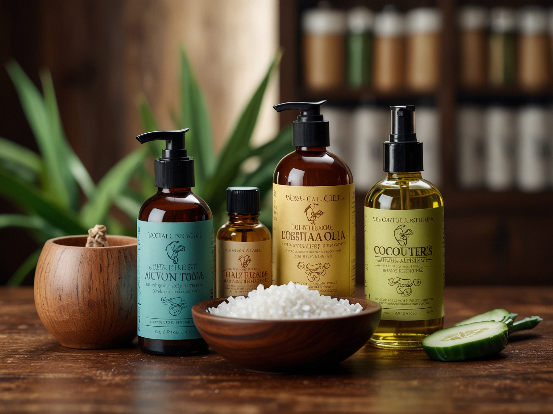 An assortment of natural hair care products like coconut oil, aloe vera, and essential oils displayed on a wooden surface, symbolizing natural hair nurturing.