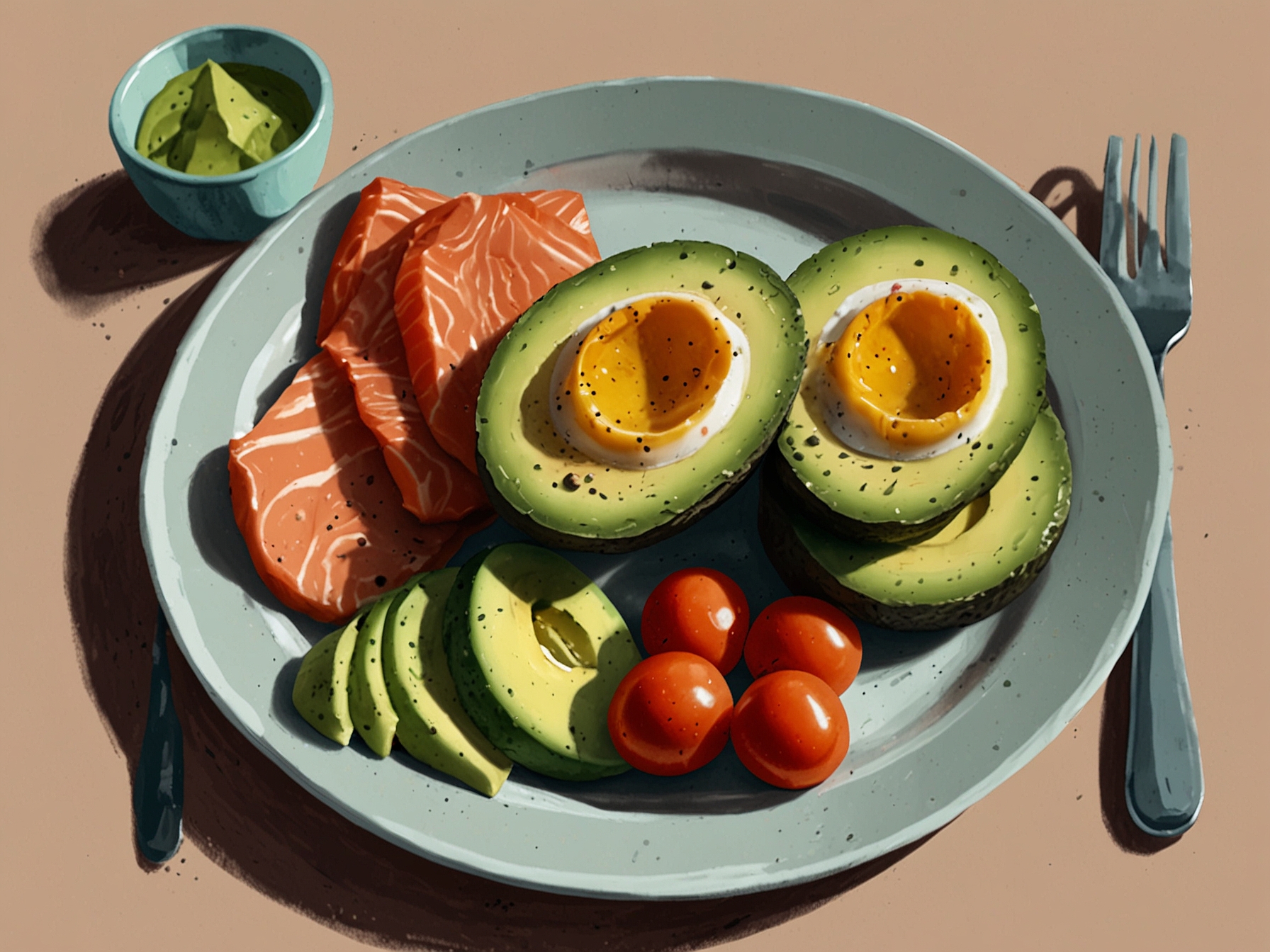 A healthy breakfast spread including eggs, salmon, and avocado arranged on a table, highlighting the importance of nutrition for beautiful hair.