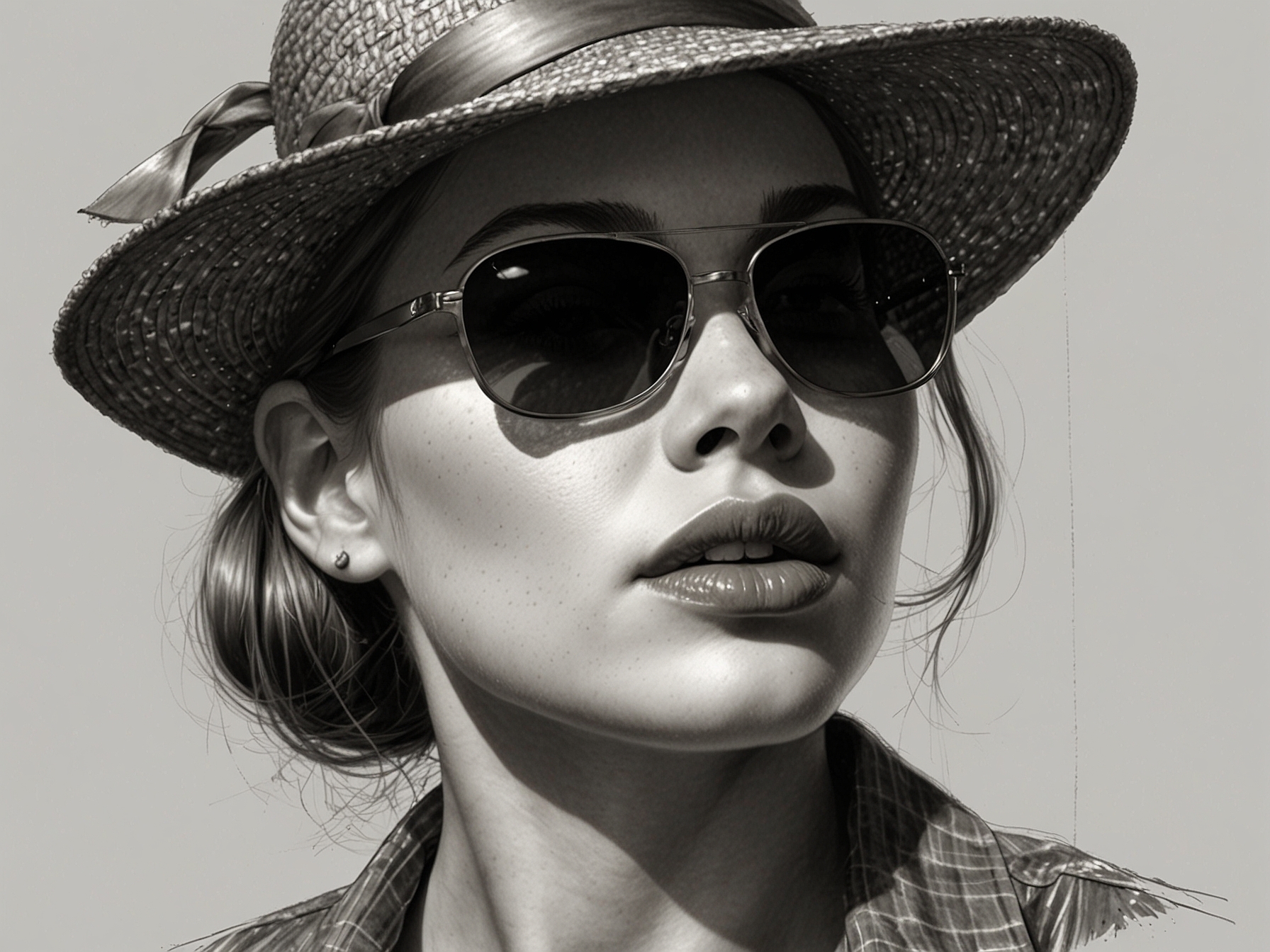 A fashionable woman wearing a stylish hat and sunglasses on a sunny day, demonstrating how to protect hair from the harmful effects of UV rays and pollution.