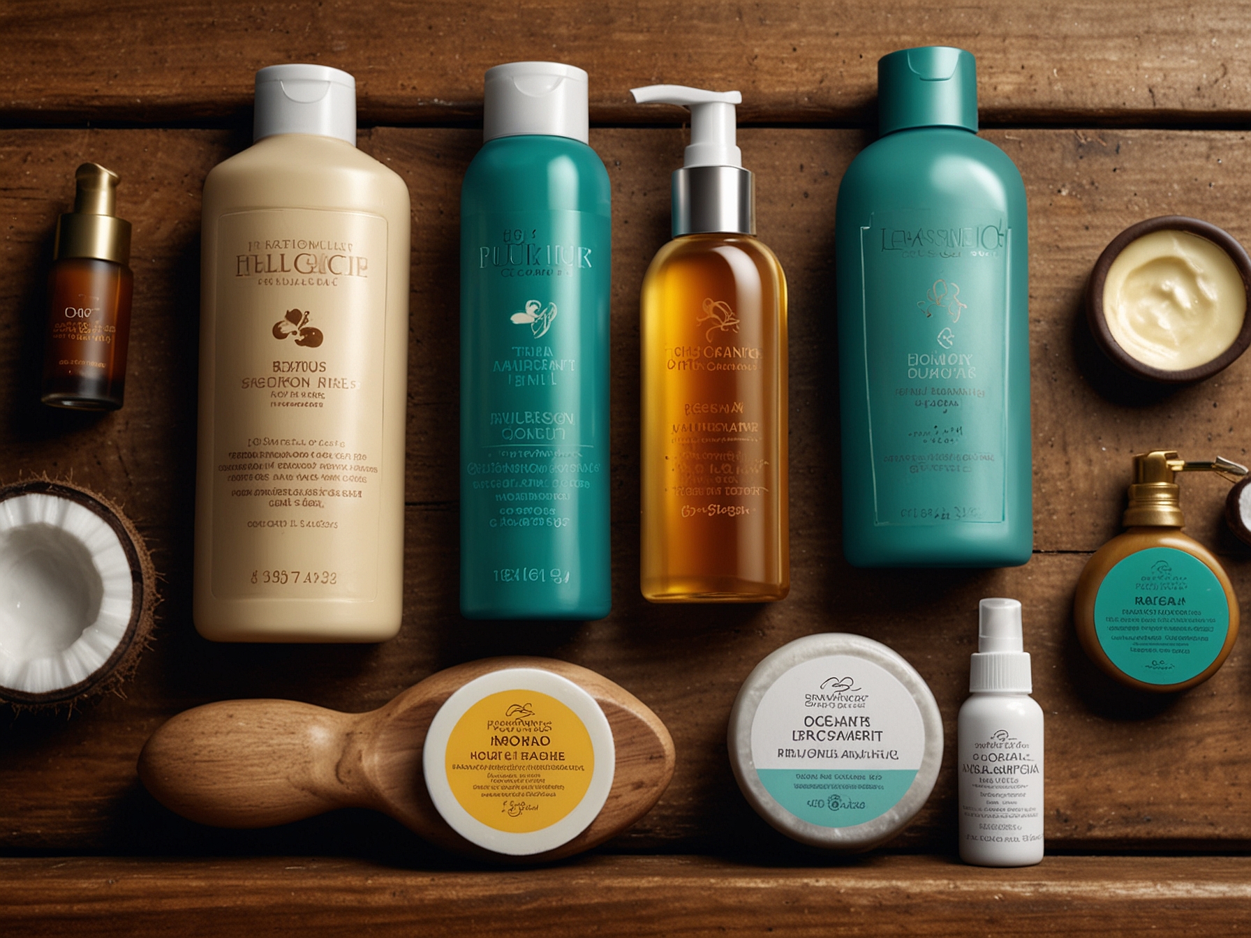 A selection of hair care products, including shampoo and natural oils like coconut and argan oil, laid out on a wooden table, showcasing options for hair nourishment.