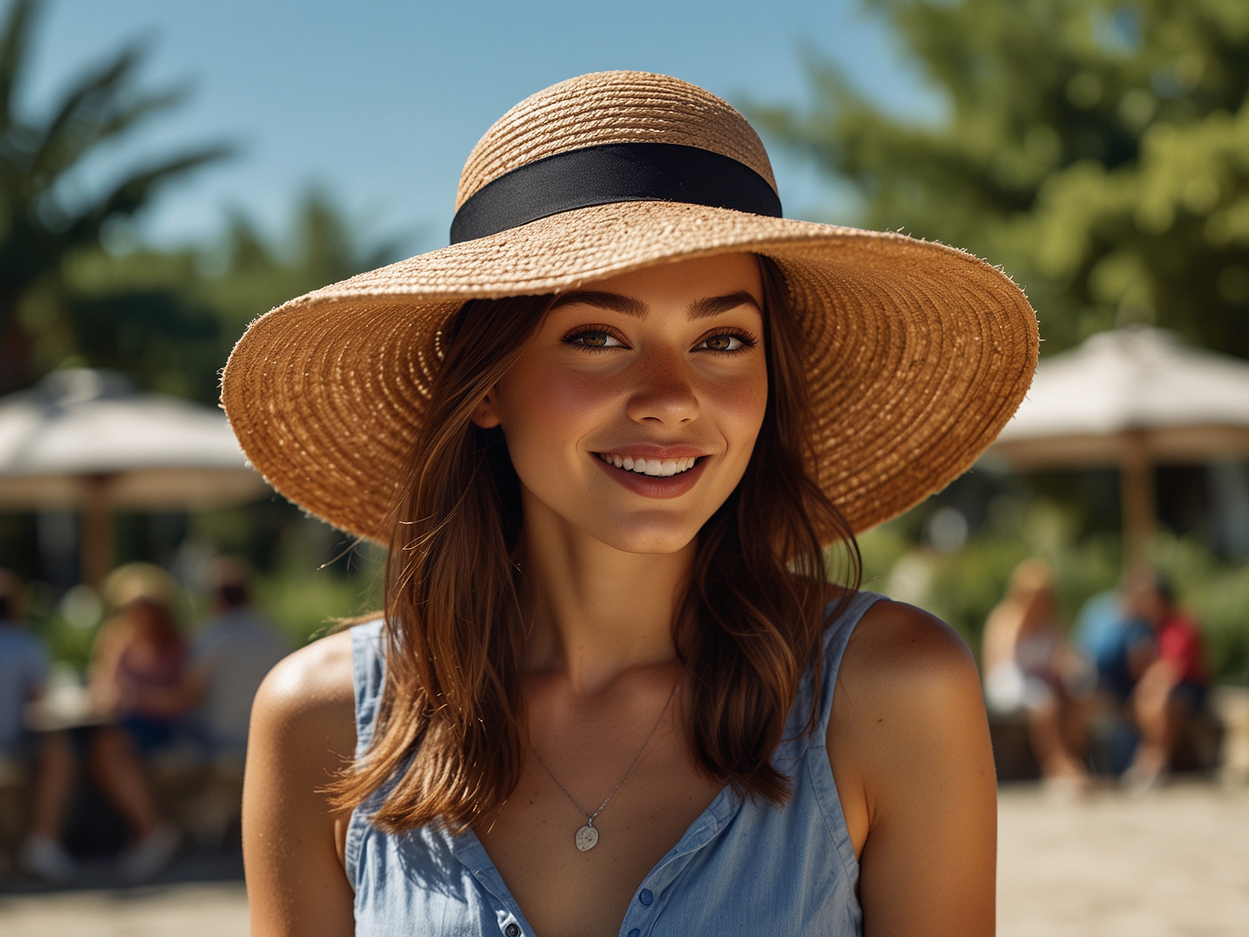 A vibrant outdoor scene where a woman wears a fashionable hat while enjoying a sunny day, demonstrating how to protect hair from sun damage during summer.