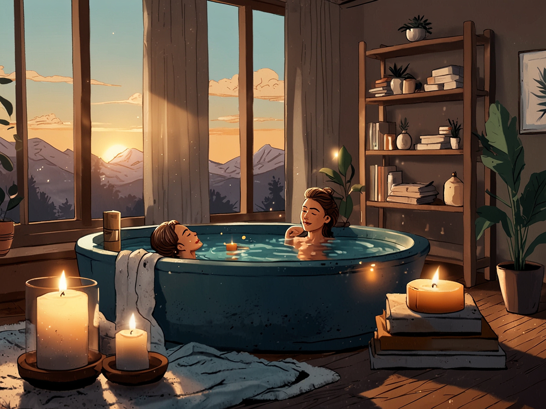 A cozy home spa setup featuring hair masks and essential relaxation items like candles and a book, inviting viewers to indulge in self-care for healthier hair.