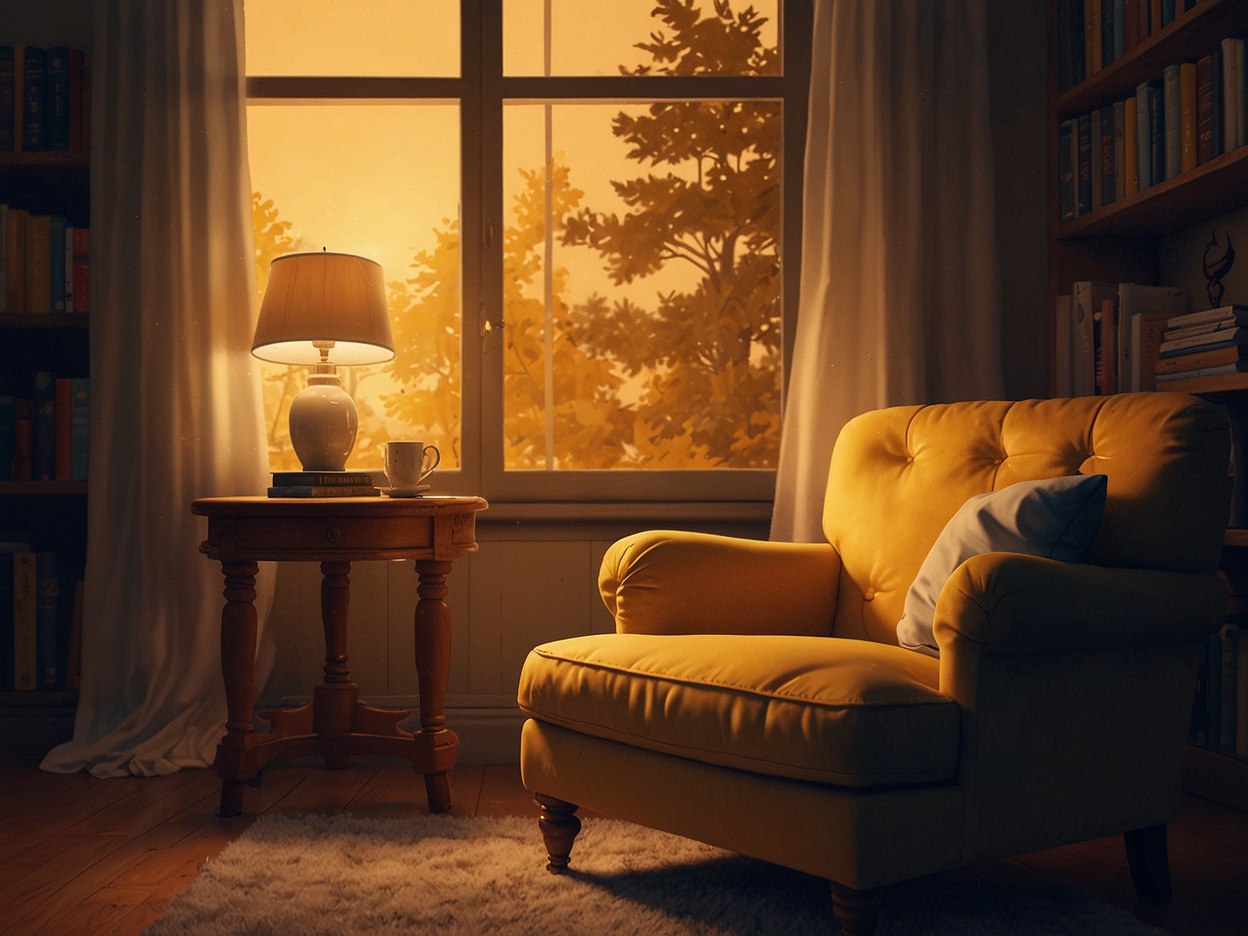 A cozy reading nook featuring a comfortable armchair, warm yellow lighting, and a small side table with a steaming cup of tea, perfect for quiet time and serenity.