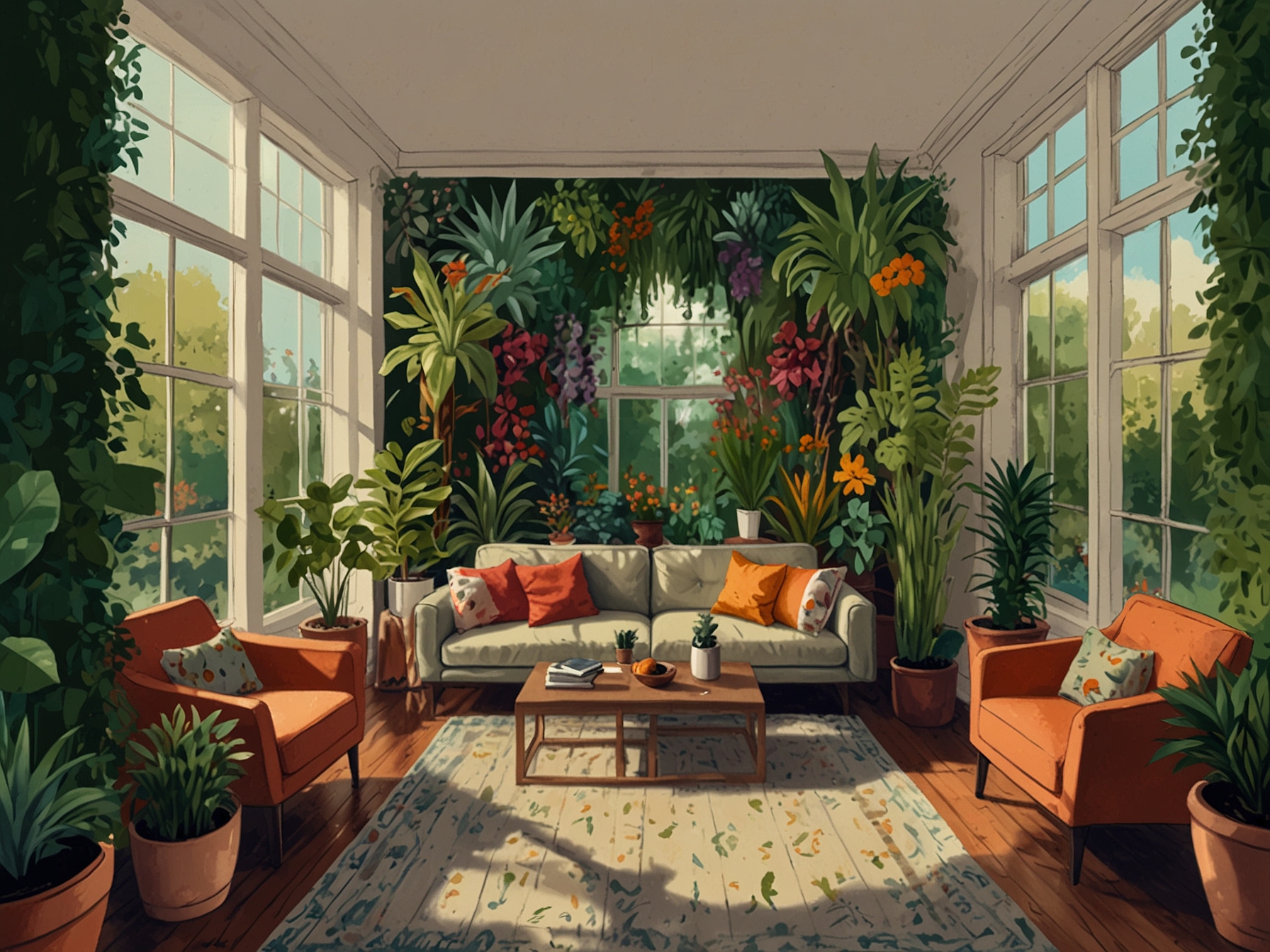 A vibrant indoor garden filled with lush green plants and colorful flowers, bringing life and freshness to the home environment, enhancing the beauty of daily living.