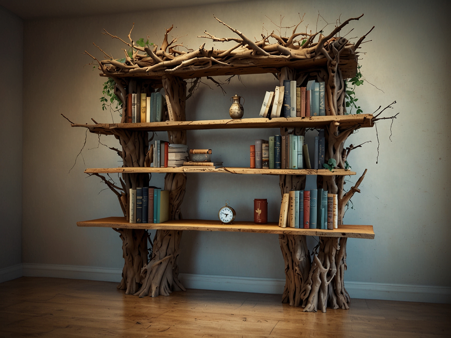 An innovative use of recycled materials, showcasing a creative bookshelf made from old branches, demonstrating the charm and uniqueness of sustainable decor.