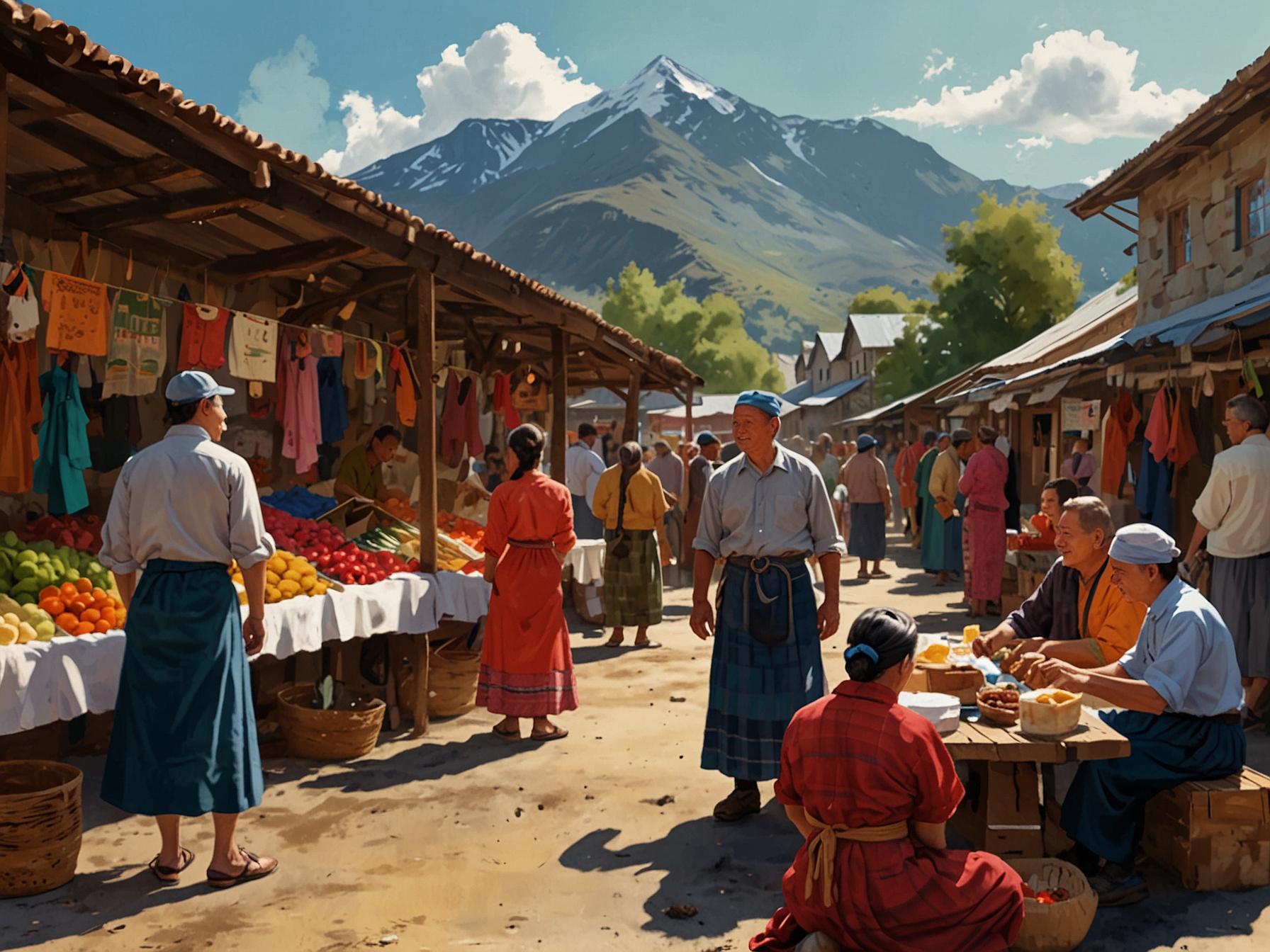 A vibrant scene at a highland market, filled with colorful traditional clothing, where locals interact and share stories, reflecting the richness of local culture.