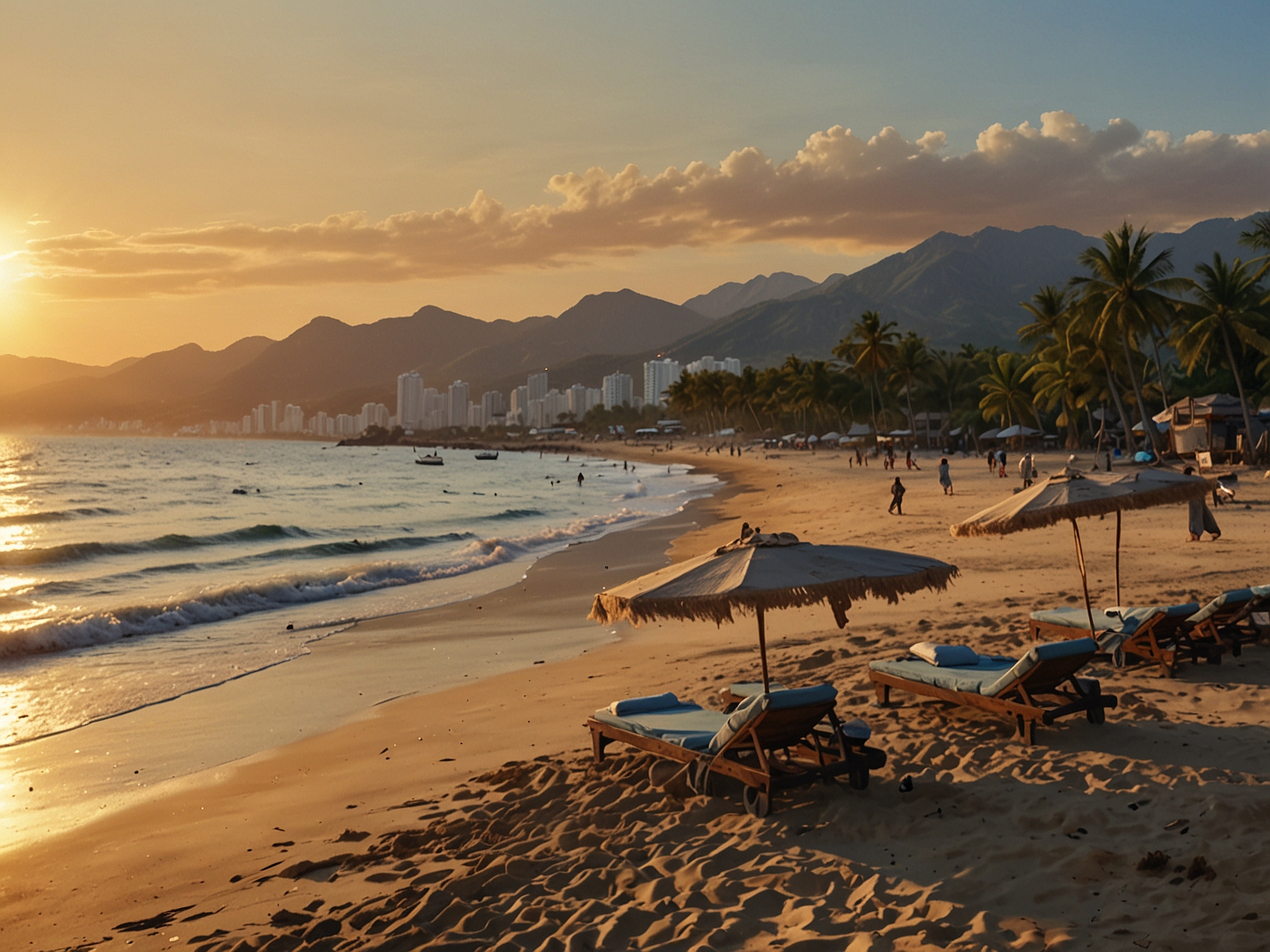 The serene coastline of Nha Trang at sunrise, with golden sand, gentle waves, and a peaceful ambiance, offering a perfect escape for relaxation and inspiration.