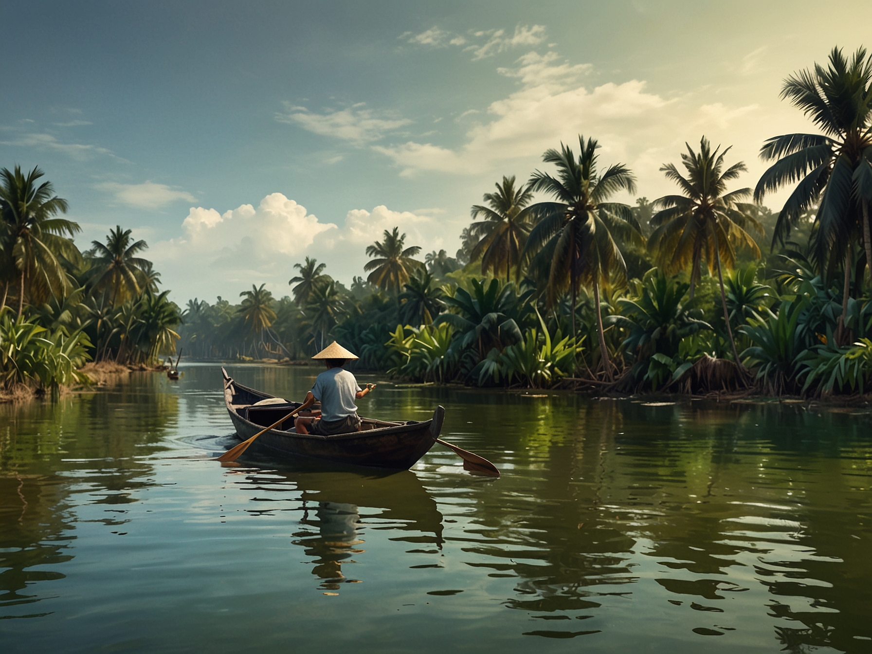 A picturesque scene of the lush green canals in the Mekong Delta, where a traveler paddles a small boat surrounded by palm trees, highlighting the tranquil beauty of southern Vietnam.