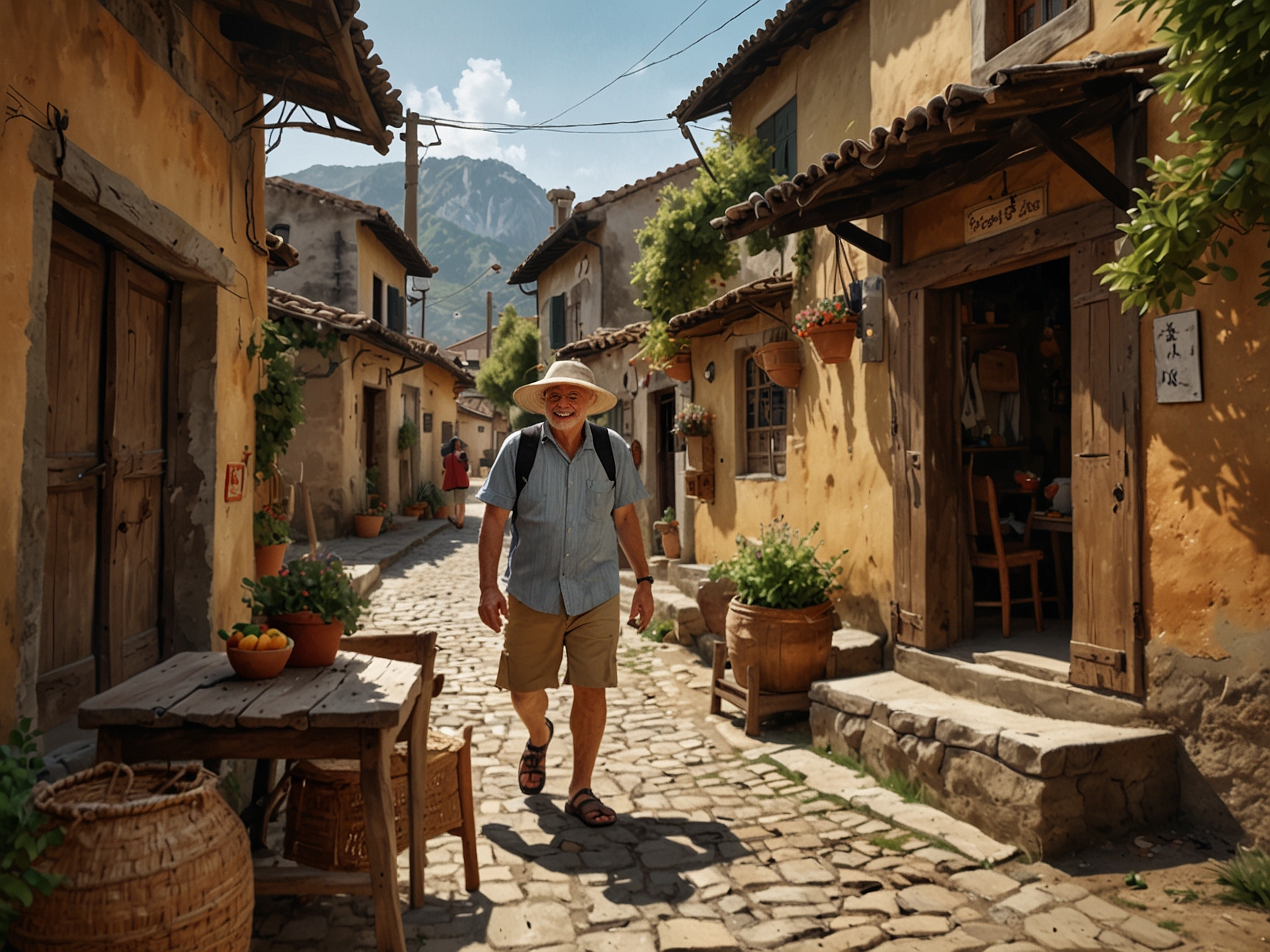 An adventurous traveler exploring a local village, engaging with friendly residents, and tasting regional delicacies, emphasizing the joy of cultural exchange through travel.