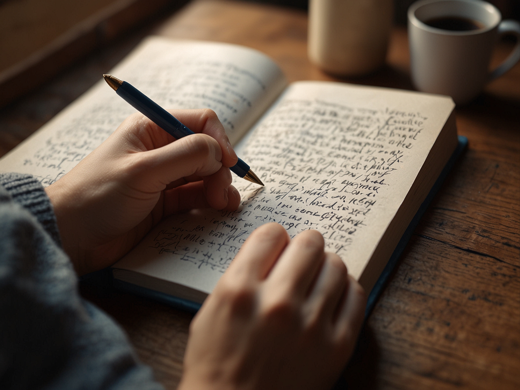 A close-up of a hand writing in a journal, surrounded by a cozy setting that suggests the comfort of expressing one's feelings through writing during melancholic times.