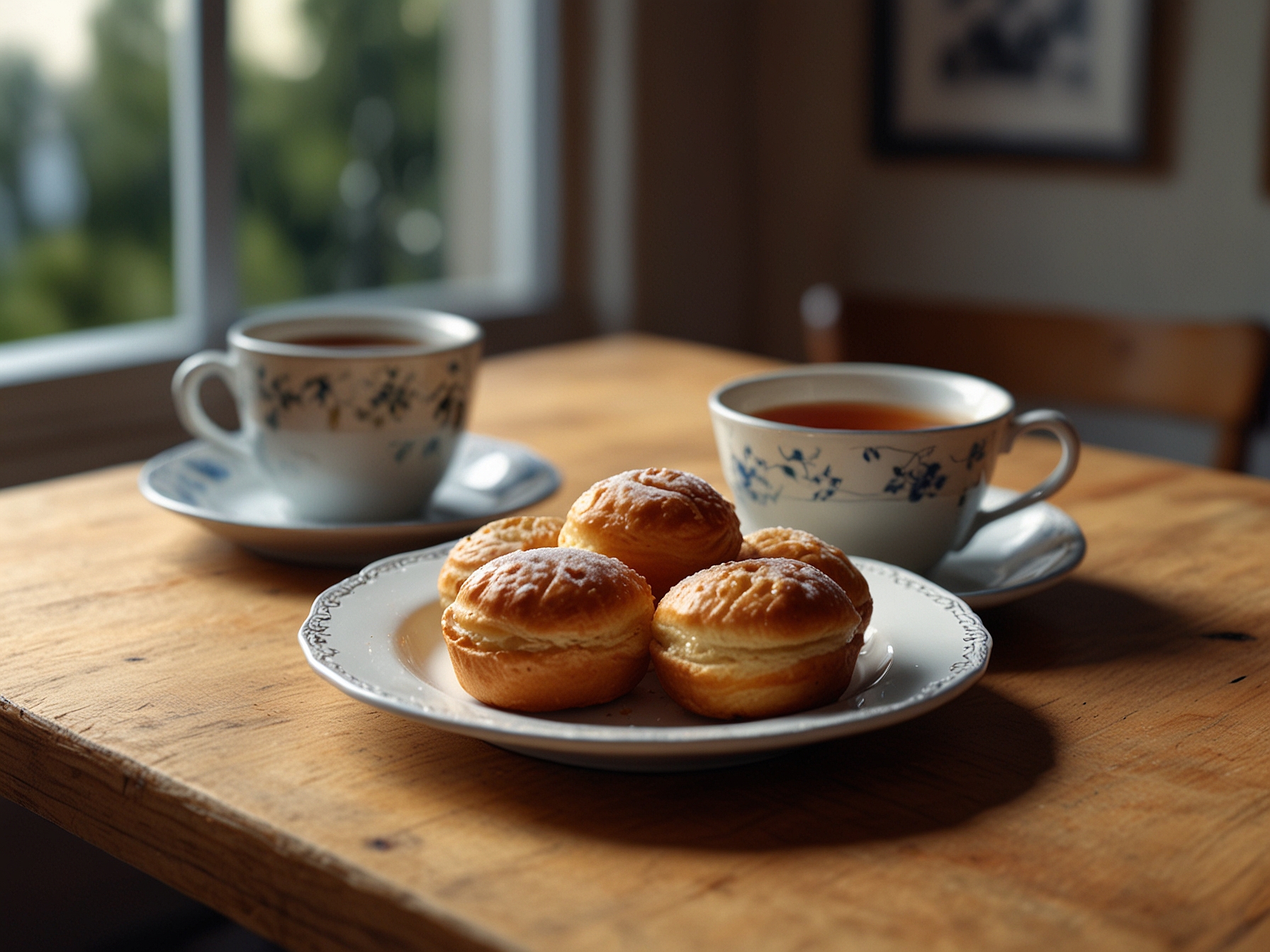 A comforting scene of a plate of sweet pastries and a cup of warm tea on a table, suggesting the simple joys that can help alleviate feelings of sadness.