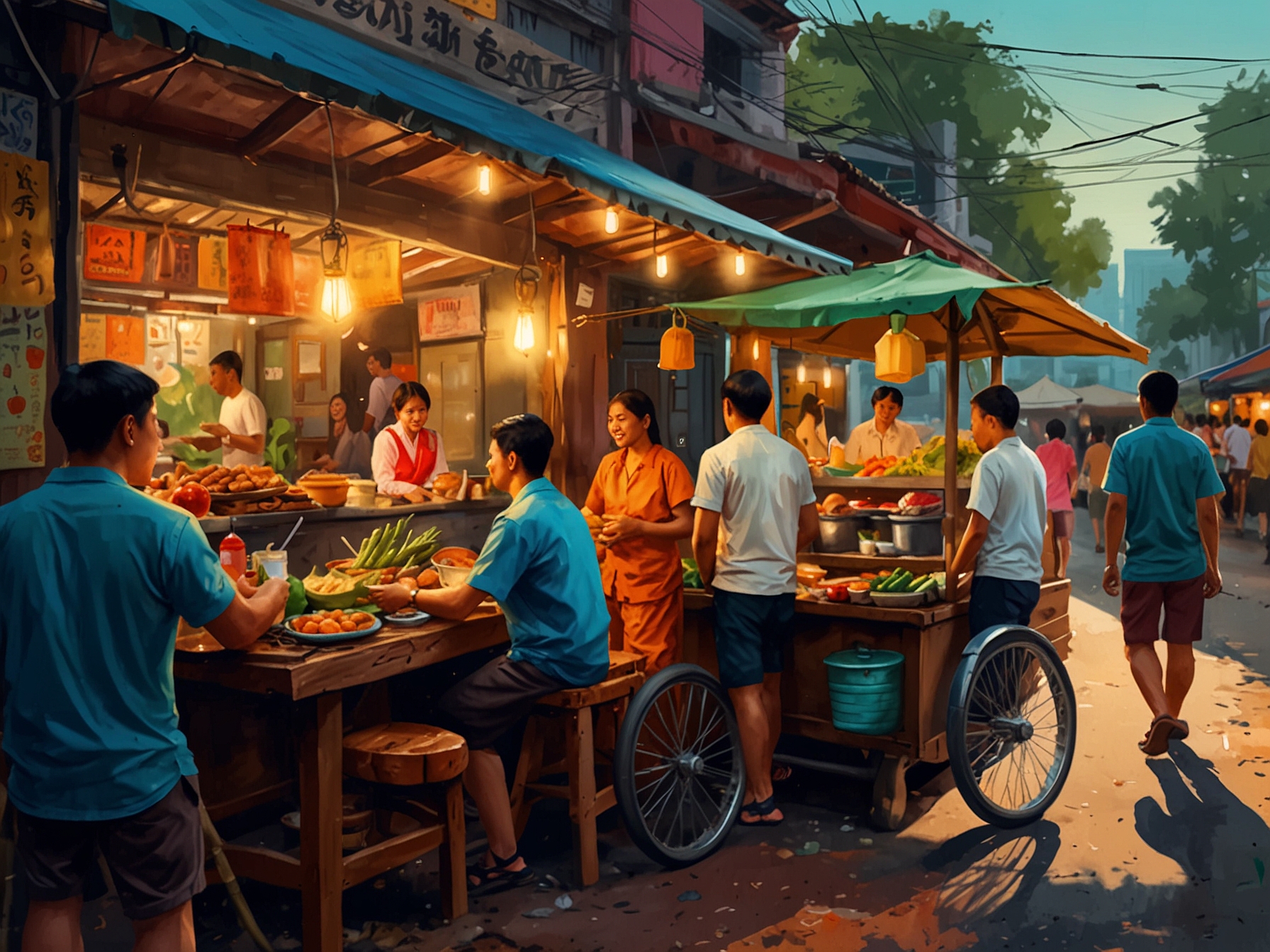 A vibrant Thai street food scene, with colorful dishes and bustling vendors, representing the lively and diverse culinary experiences of the region.