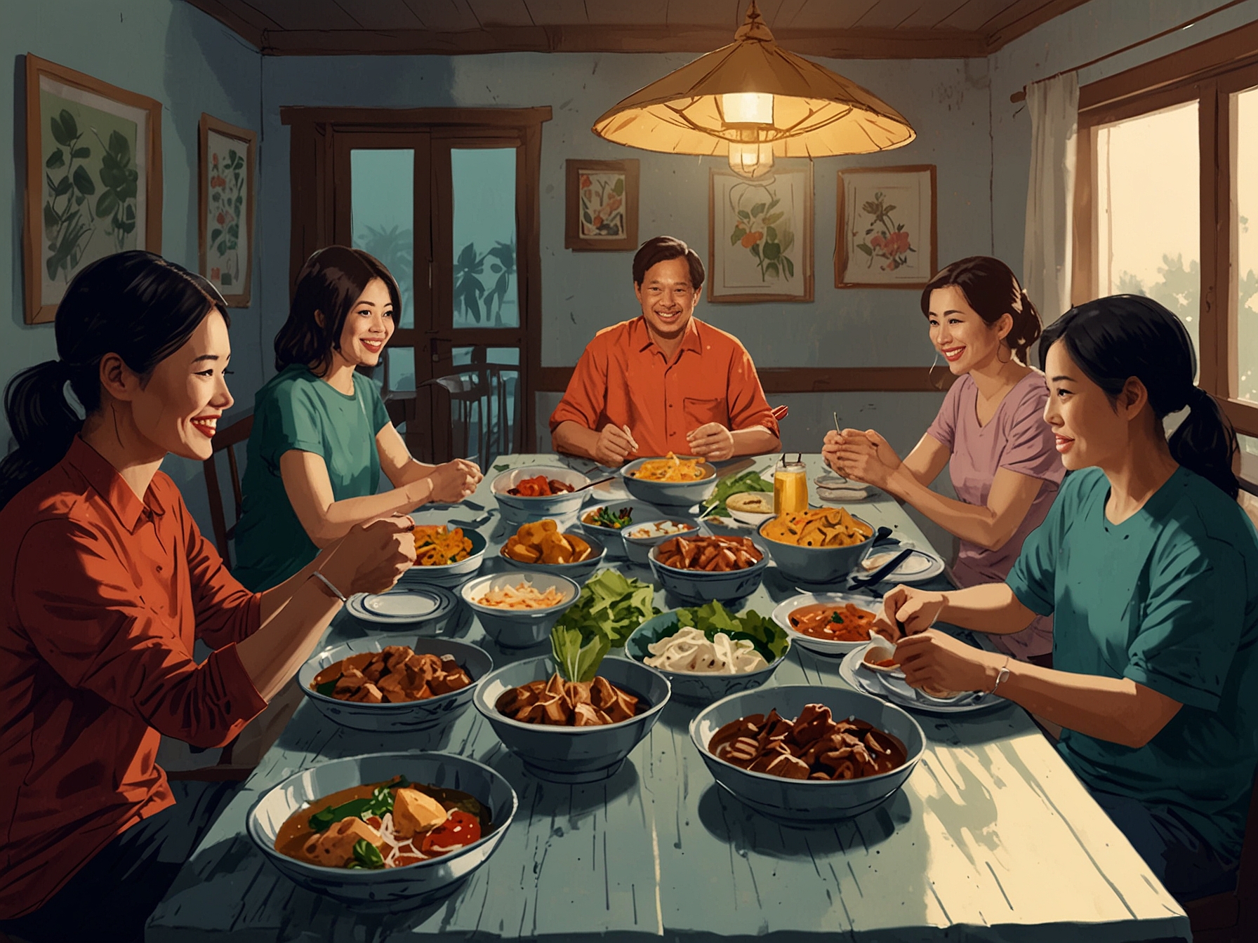 A family gathering around a dinner table filled with homemade Vietnamese dishes, emphasizing the social and cultural aspect of shared meals.