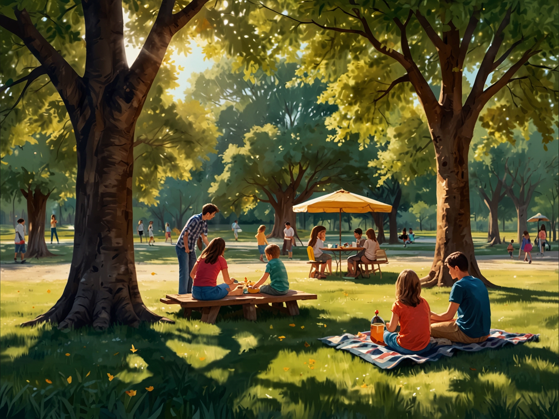 An outdoor park filled with children playing and families enjoying picnics under trees, showcasing the joy of simple moments spent with loved ones in a calm, vibrant setting.