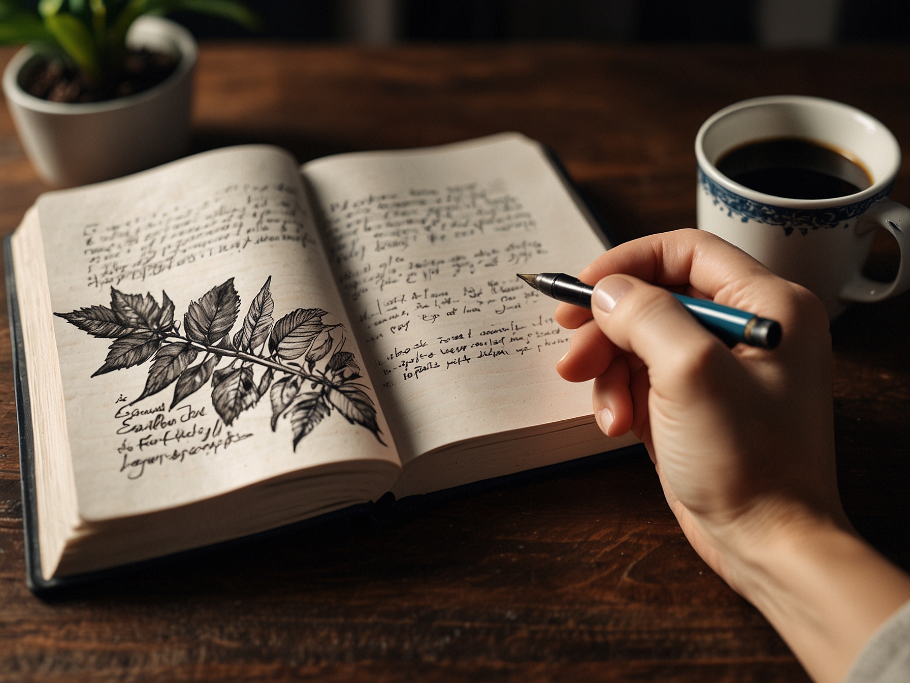 A close-up image of hands writing in a journal, accompanied by a cup of coffee and a small potted plant, depicting the art of journaling as a means of self-reflection and appreciation for daily joys.