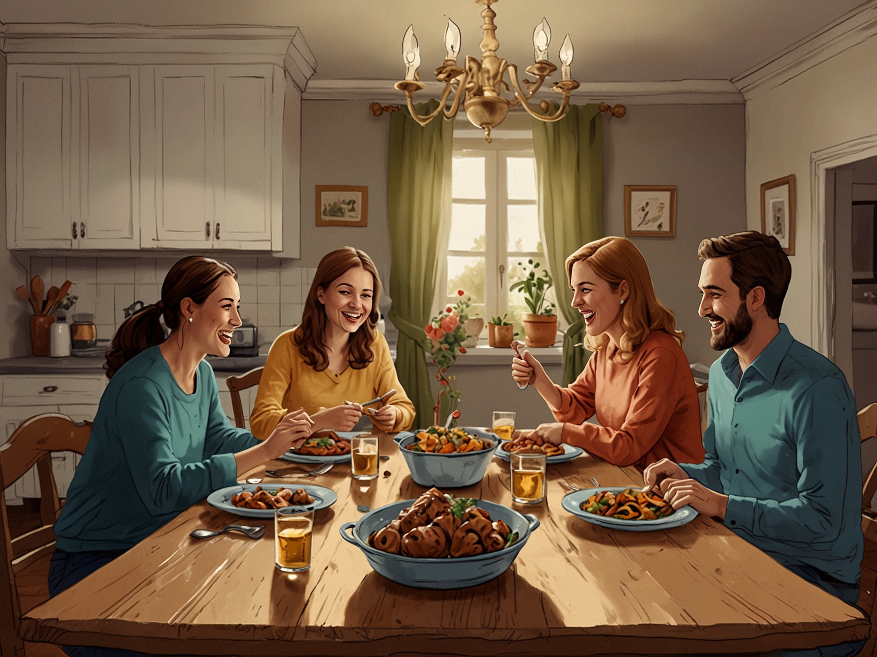 A delightful family dinner table set with homemade dishes, laughter and warmth among family members, emphasizing the importance of shared meals and bonding moments with loved ones.