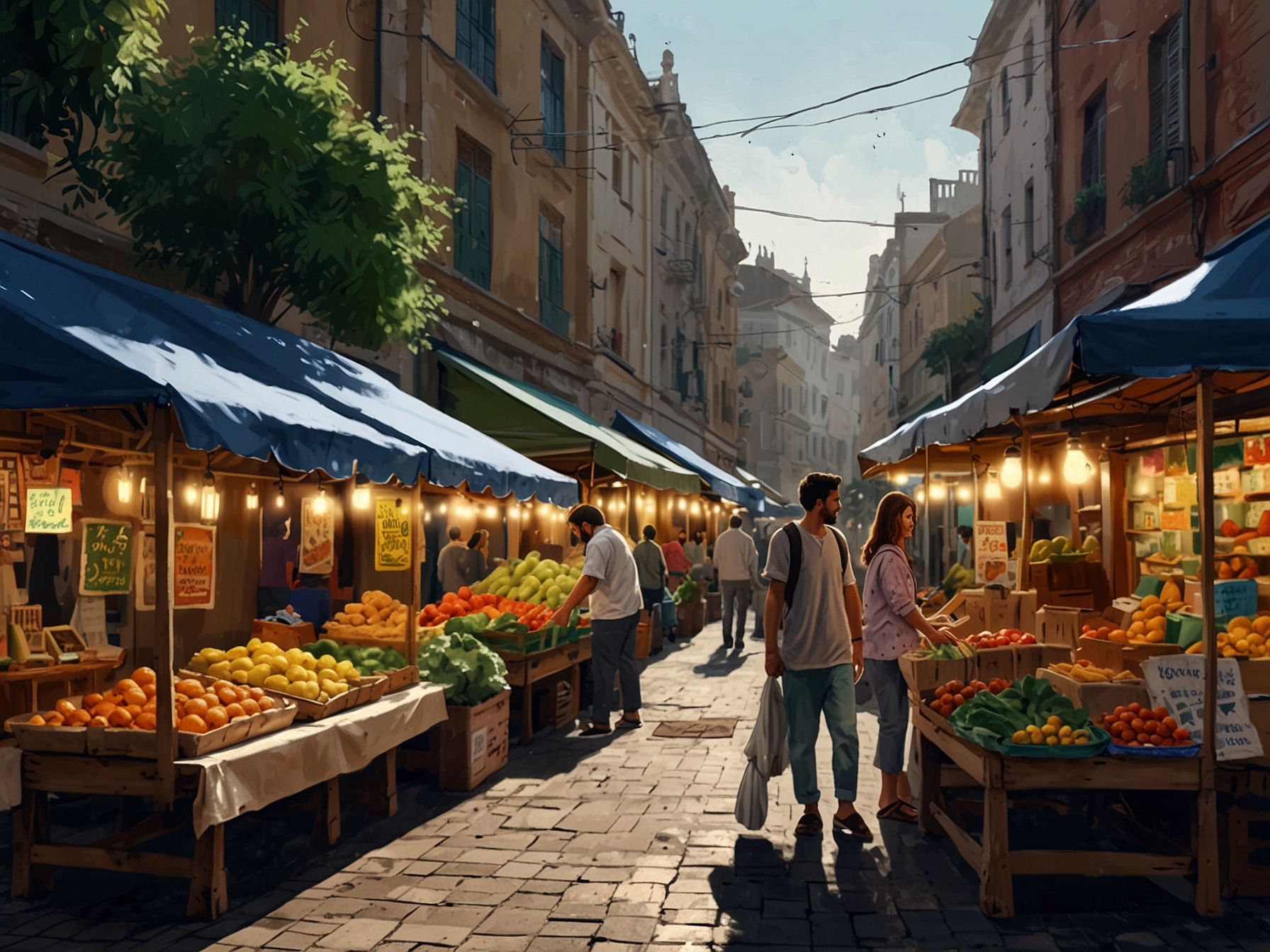 A picturesque view of a local market in a city, with vibrant stalls and friendly vendors, illustrating the adventure of exploring new places and appreciating local cultures right in your own city.