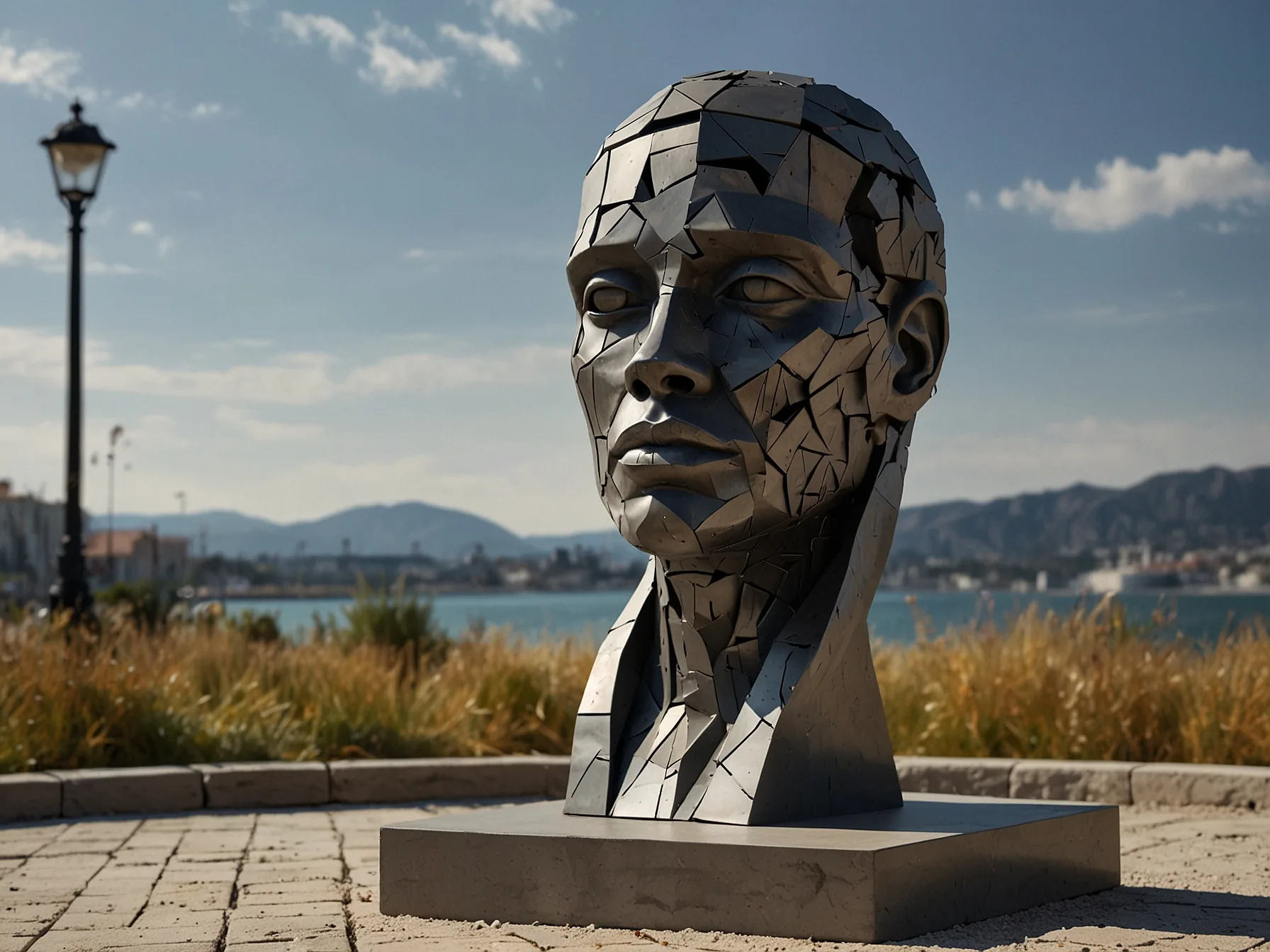 An evocative sculpture symbolizing human emotion, crafted from mixed materials, displayed in a public space, provoking thought about societal issues.