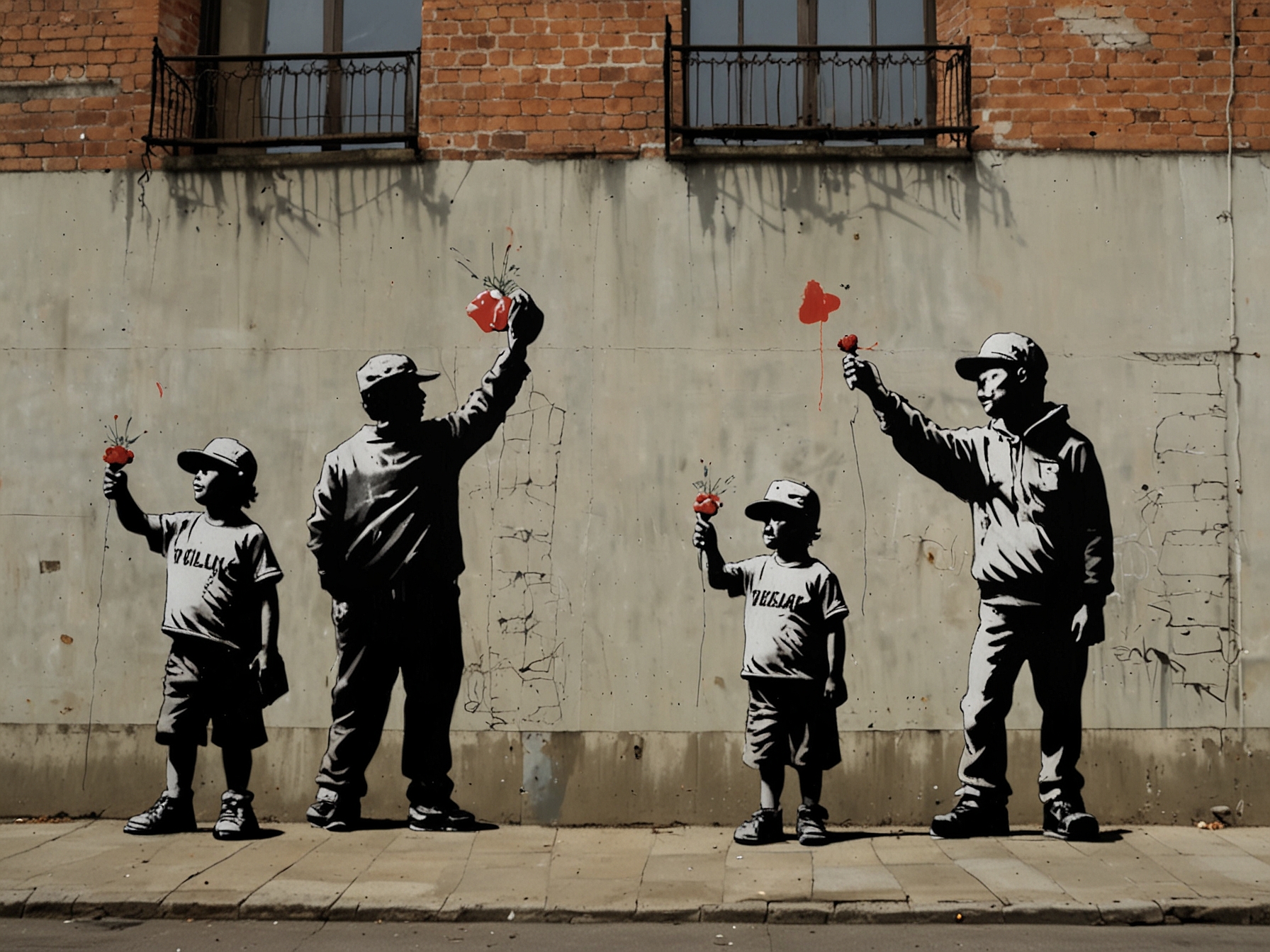 A powerful graffiti artwork by Banksy displayed on a city wall, addressing pressing social and political themes, sparking discussions among onlookers.