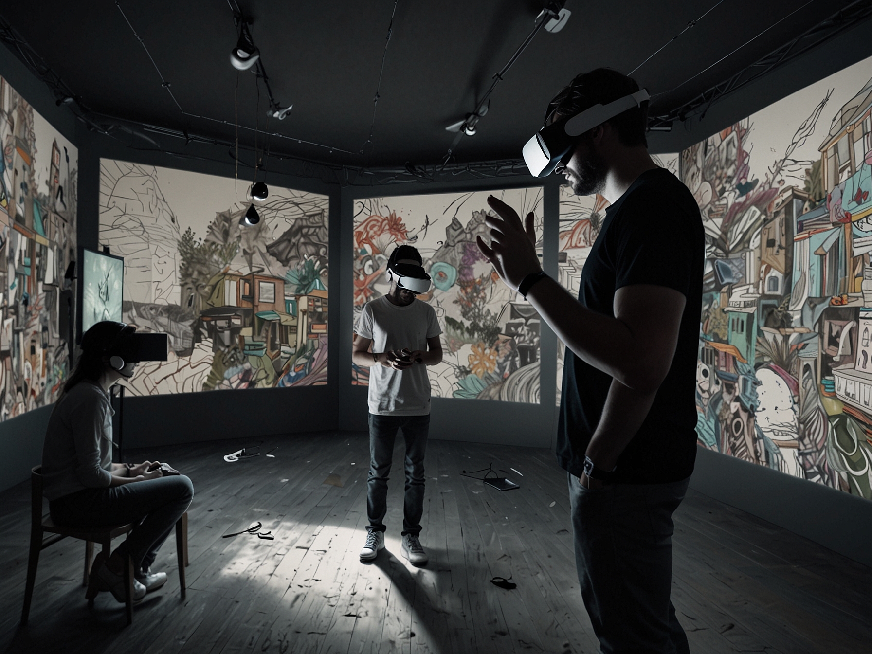 An artist using virtual reality technology to create an immersive art experience, with captivated viewers exploring a digital landscape filled with surreal elements.