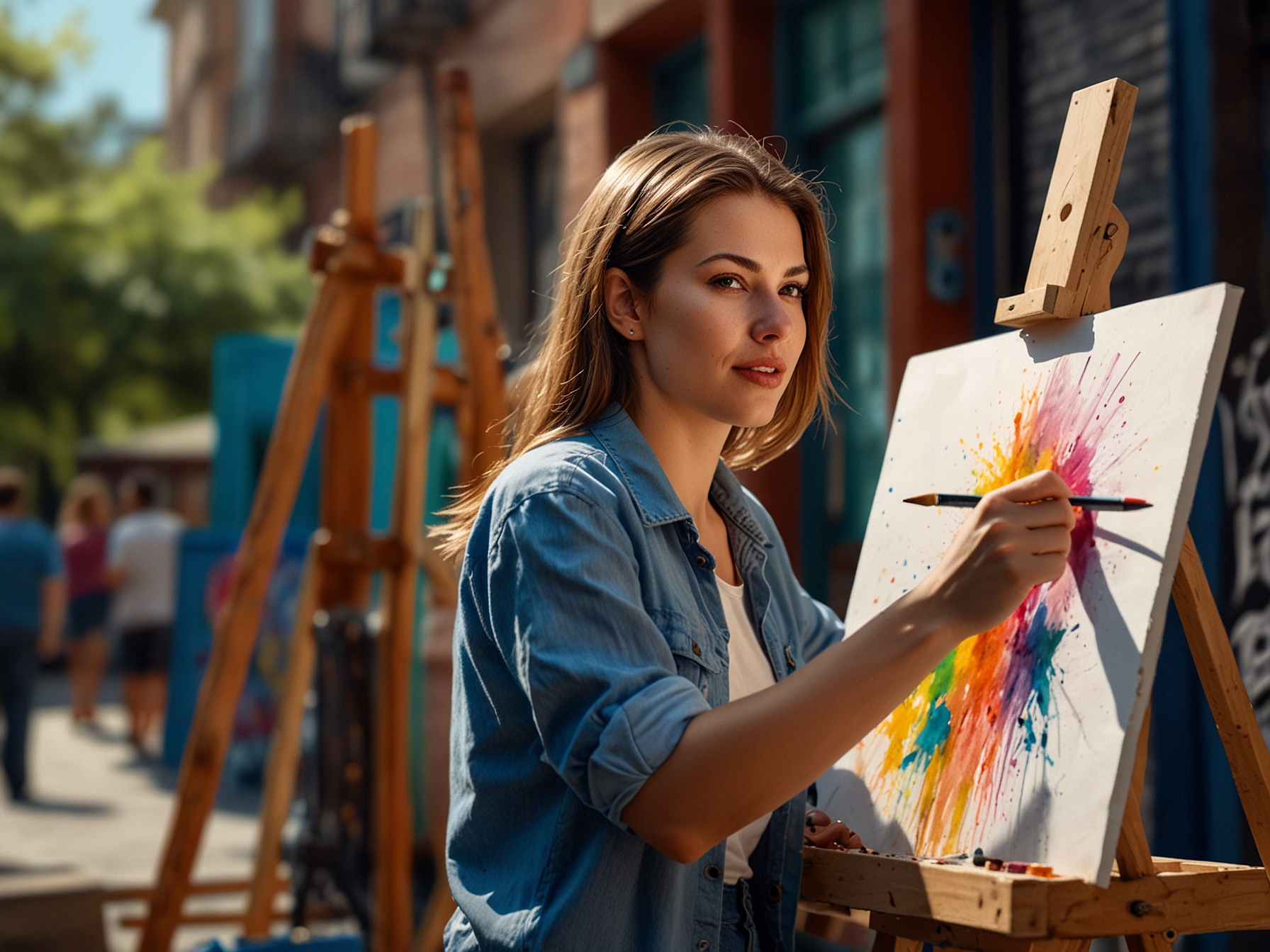 A female artist passionately painting outside, expressing her identity and cultural background, surrounded by a colorful urban setting that reflects diversity in contemporary art.