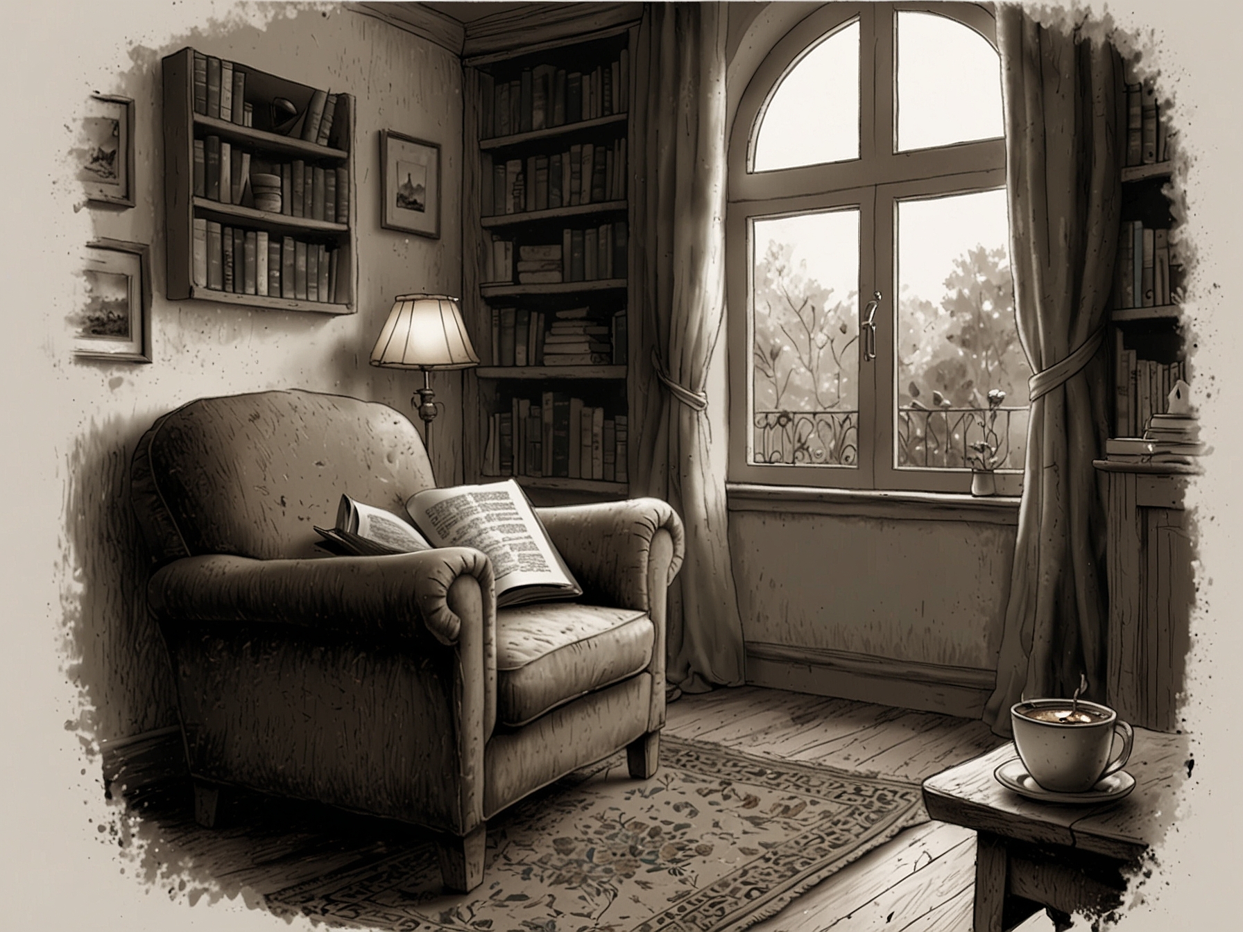 A cozy corner with a steaming cup of tea and an open book, symbolizing the comfort and escape that reading provides amidst life's chaos.