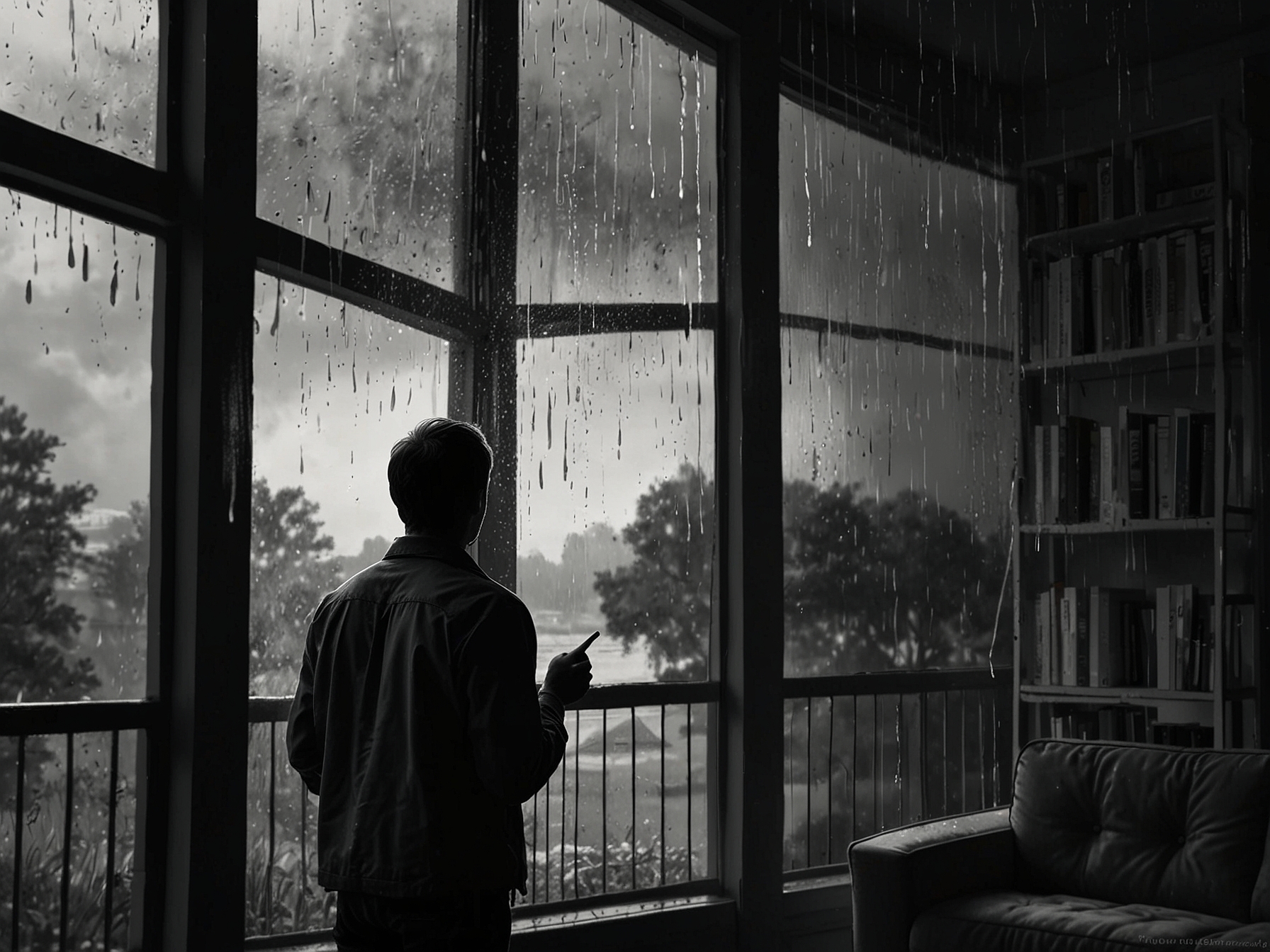 A soft rain falling outside a window, creating a soothing atmosphere as someone gazes outside, embodying peace and the joy of simple moments.