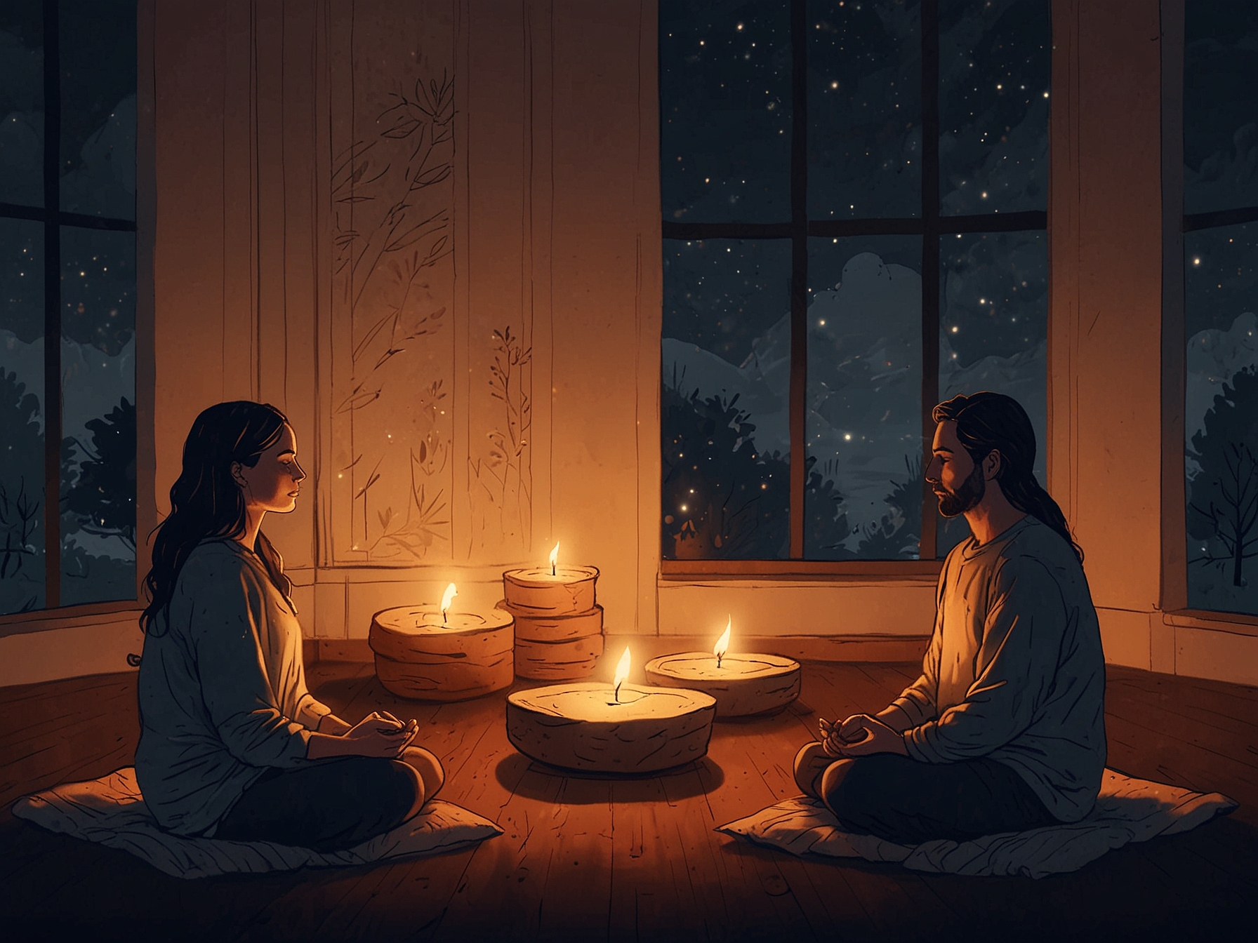 A peaceful meditation session in a quiet room, with candles lit and soft cushions, representing the importance of mindfulness in finding inner calm.