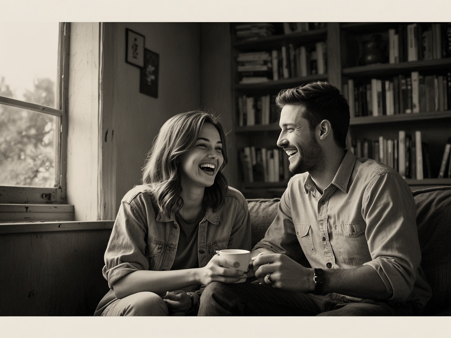 Two friends laughing and reminiscing over old memories, emphasizing the warmth and healing power of friendship in navigating life's ups and downs.