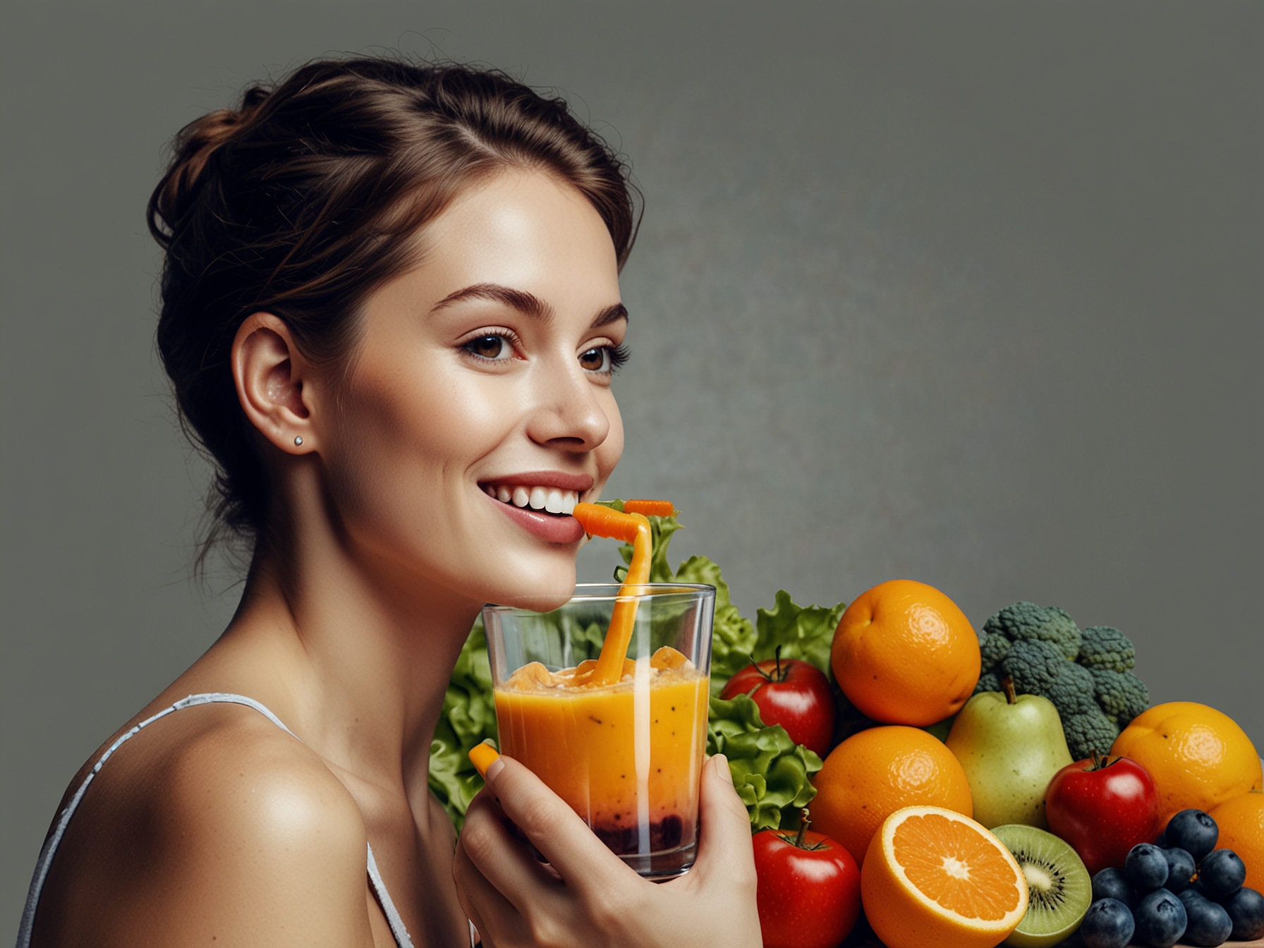 A person enjoying a smoothie filled with colorful fruits and vegetables, illustrating the significance of a balanced diet for healthy skin.